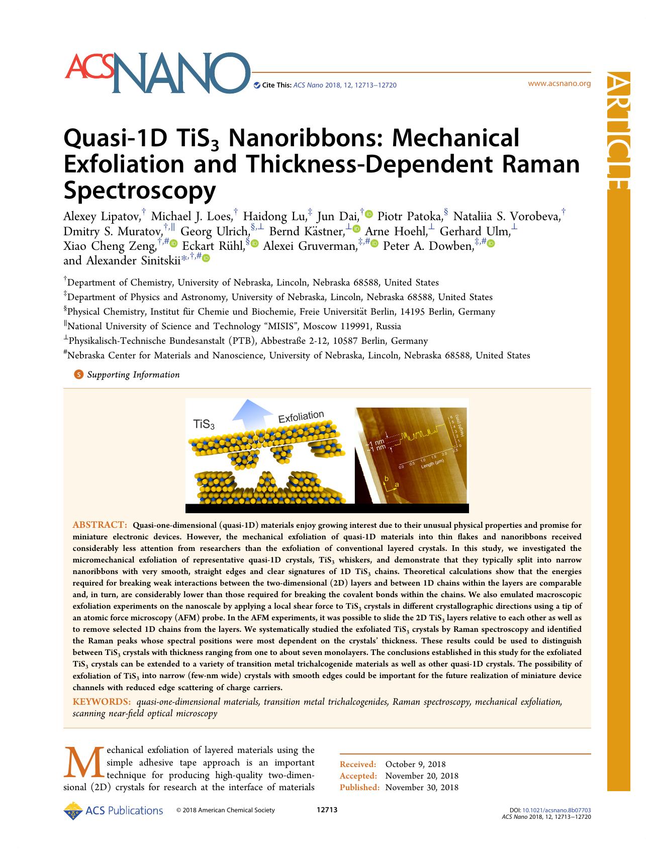 Quasi-1D TiS3 Nanoribbons: Mechanical Exfoliation and Thickness-Dependent Raman Spectroscopy by unknow