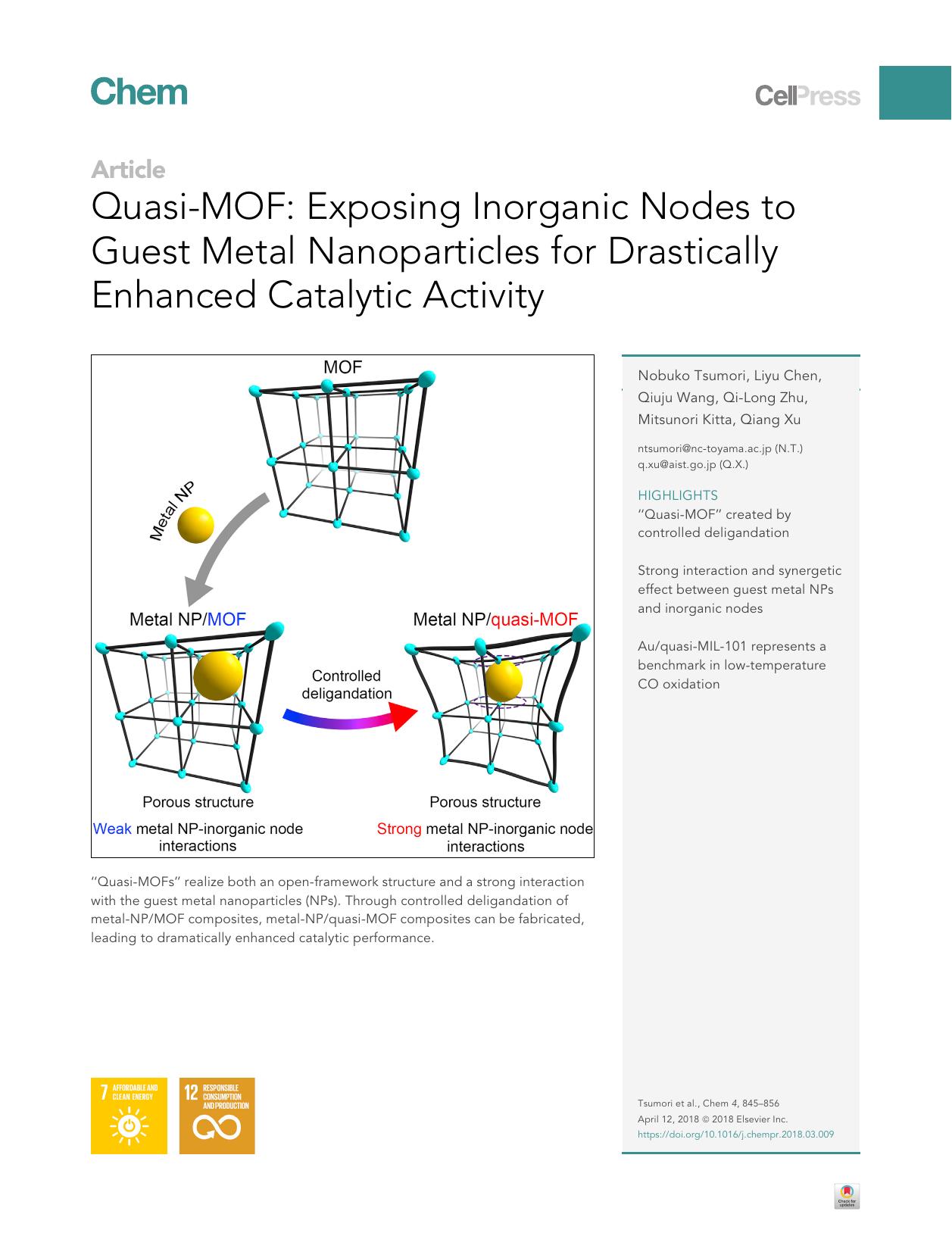 Quasi-MOF: Exposing Inorganic Nodes to Guest Metal Nanoparticles for Drastically Enhanced Catalytic Activity by Nobuko Tsumori