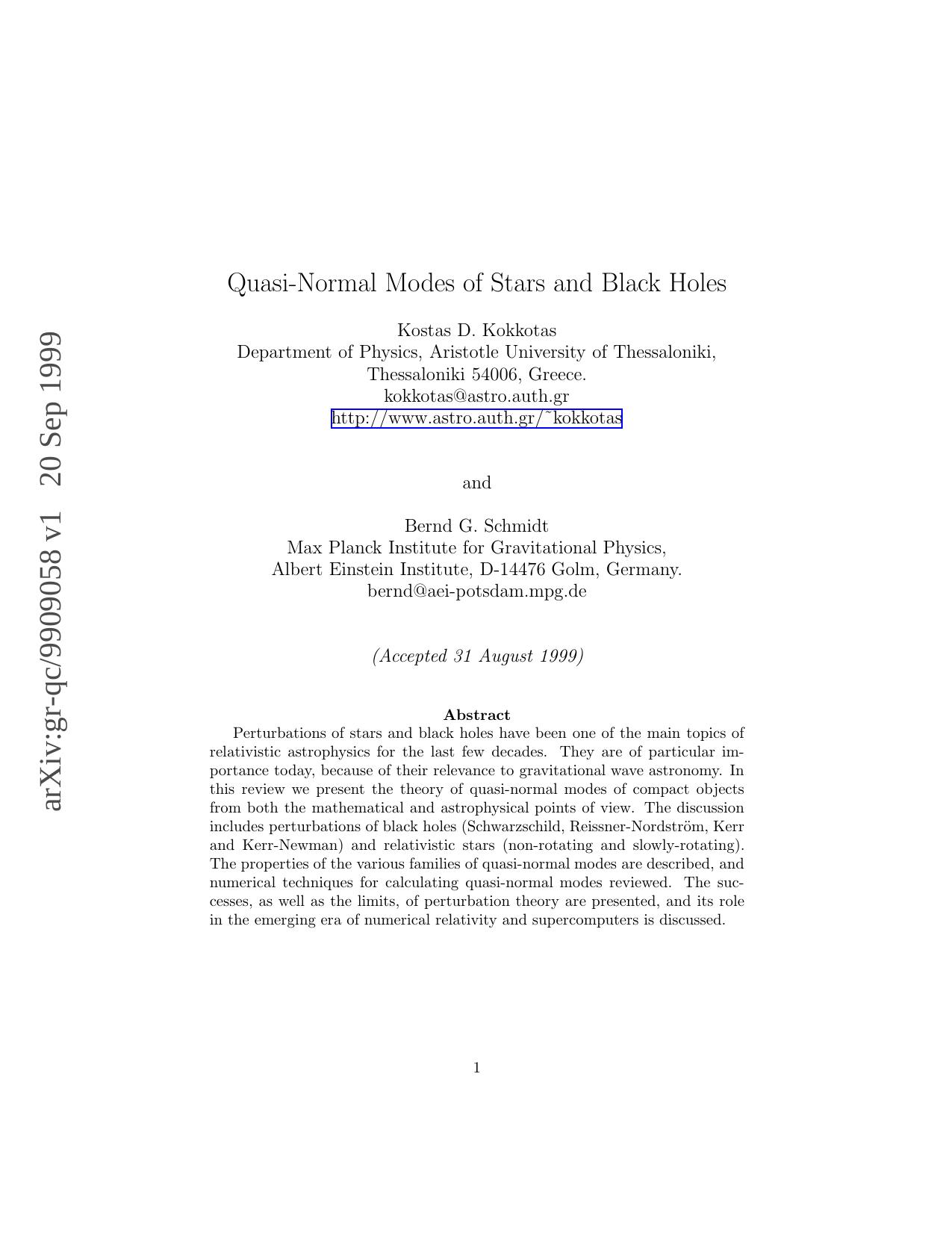 Quasi-Normal Modes of Stars and Black Holes by Kokkotas K D; Schmidt B G