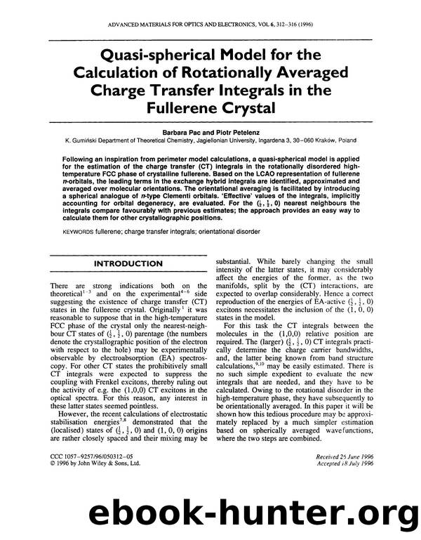Quasi-spherical model for the calculation of rotationally averaged charge transfer integrals in the fullerene crystal by Unknown