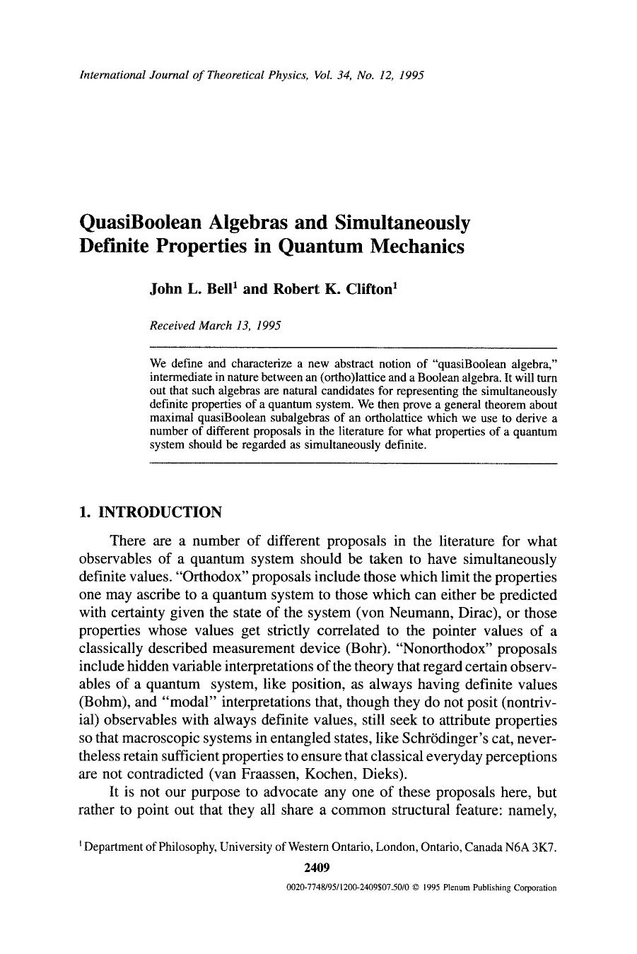 QuasiBoolean algebras and simultaneously definite properties in quantum mechanics by Unknown