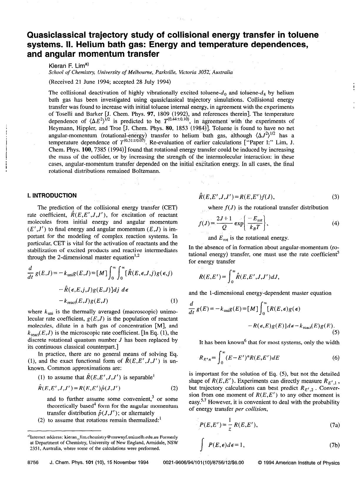 Quasiclassical trajectory study of collisional energy transfer in toluene systems. II. Helium bath gas: Energy and temperature dependences, and angular momentum transfer by Kieran F. Lim