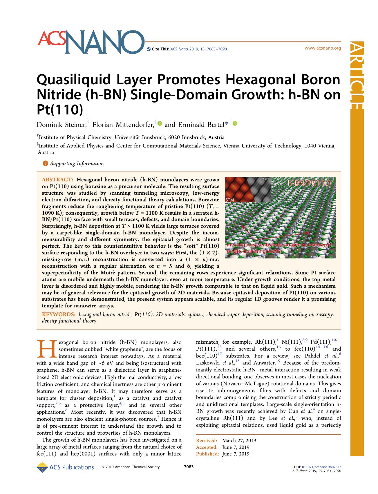 Quasiliquid Layer Promotes Hexagonal Boron Nitride (h-BN) Single-Domain Growth: h-BN on Pt(110) by Dominik Steiner Florian Mittendorfer and Erminald Bertel