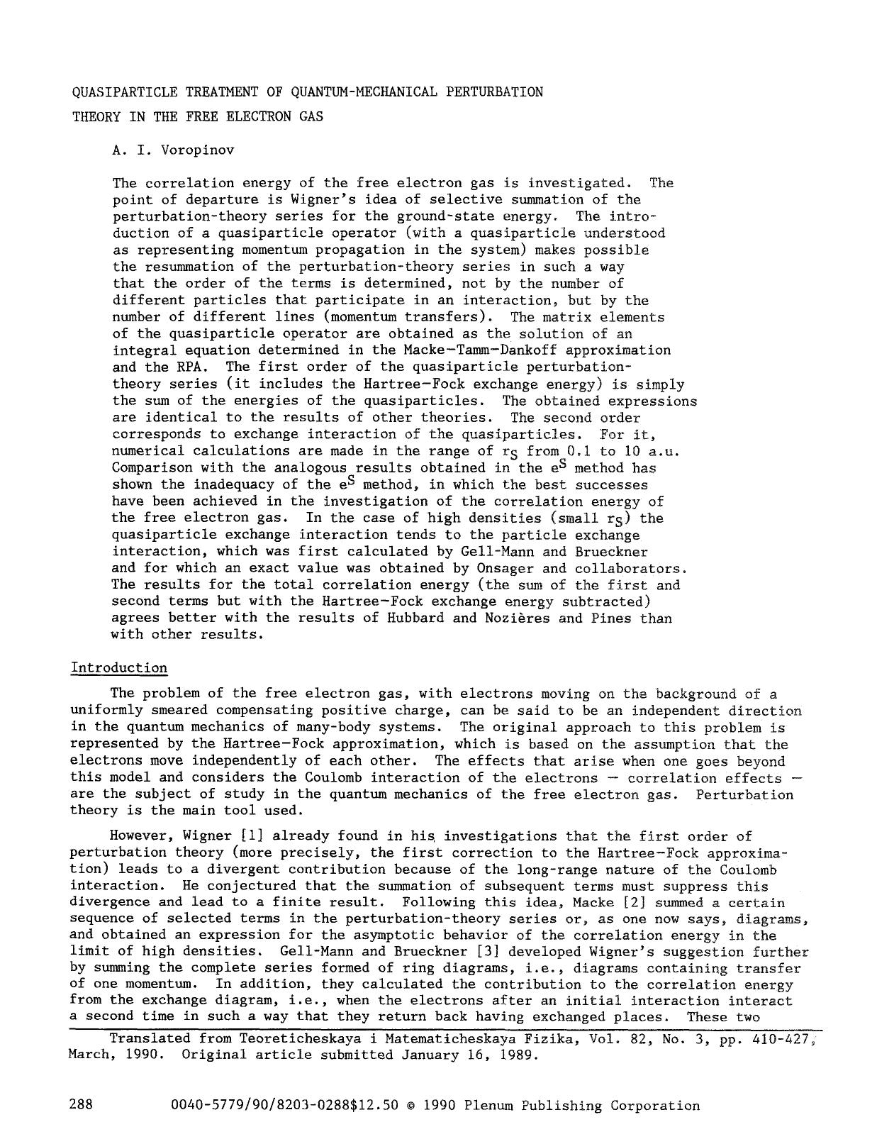 Quasiparticle treatment of quantum-mechanical perturbation theory in the free electron gas by Unknown