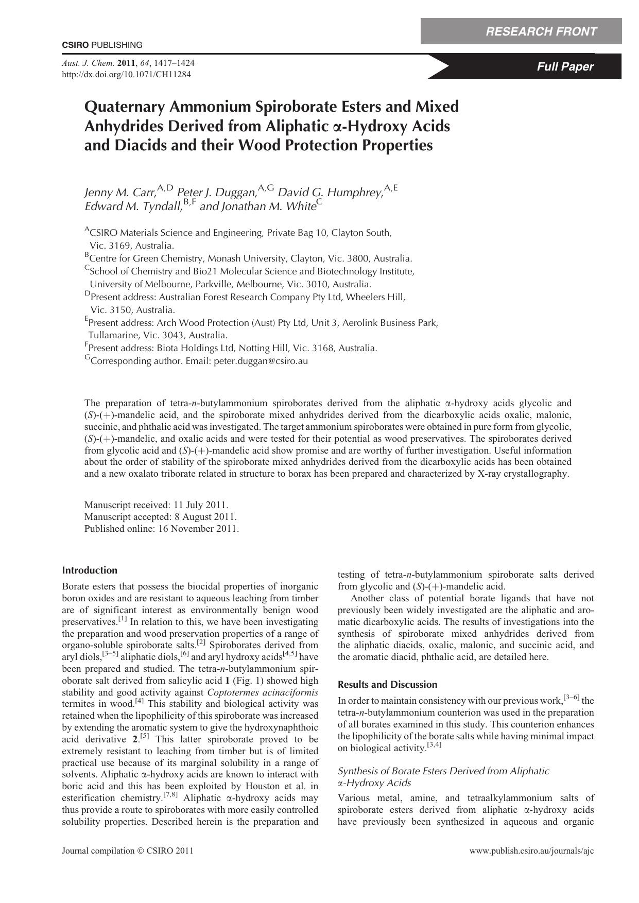 Quaternary Ammonium Spiroborate Esters and Mixed Anhydrides Derived from Aliphatic alpha-Hydroxy Acids and Diacids and their Wood Protection Properties by J. M. Carr et al
