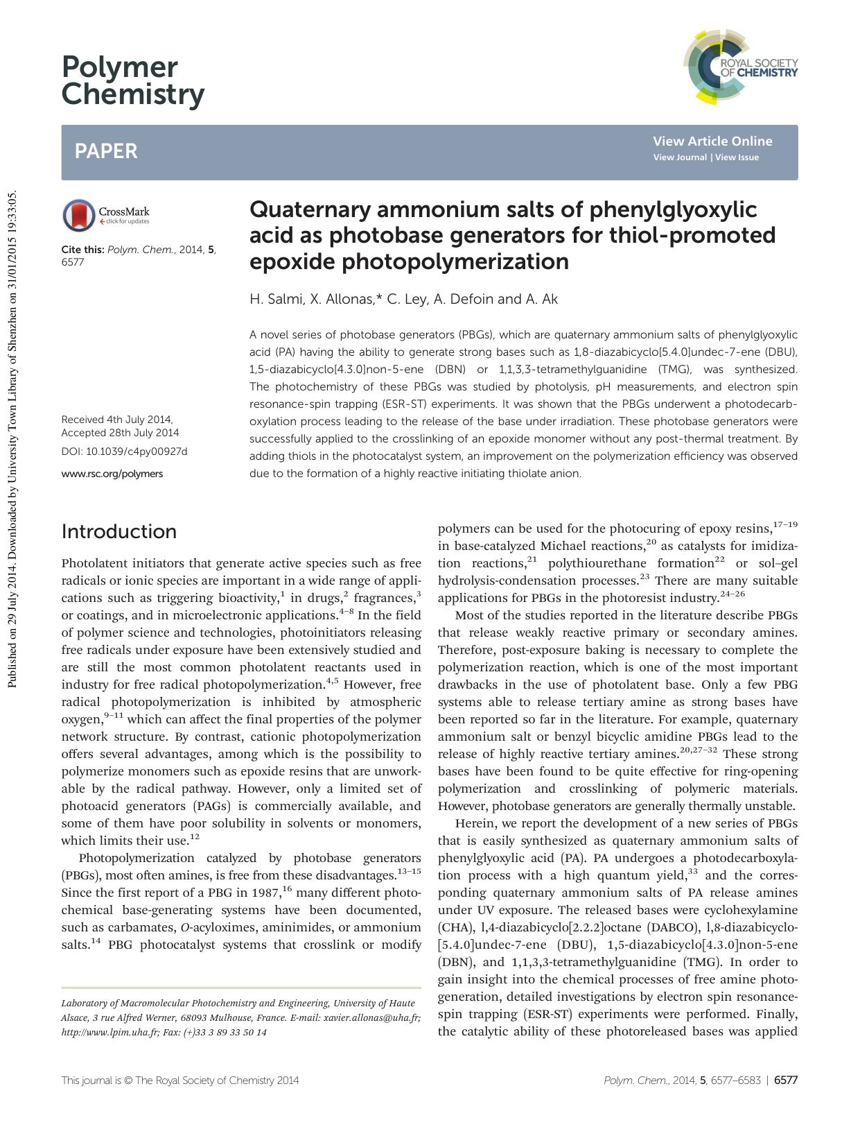 Quaternary ammonium salts of phenylglyoxylic acid as photobase generators for thiol-promoted epoxide photopolymerization by H. Salmi X. Allonas C. Ley A. Defoin A. Ak