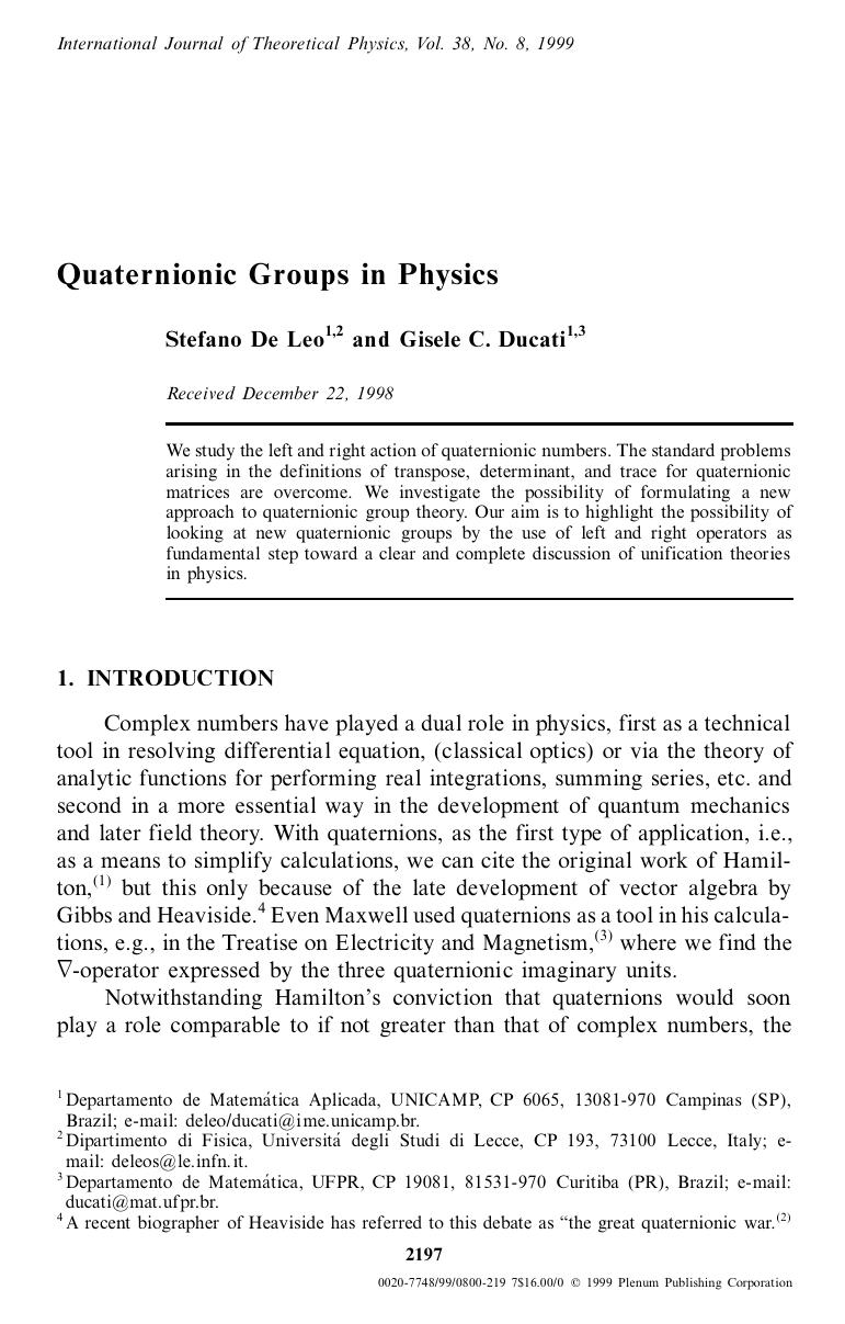 Quaternionic Groups in Physics by Unknown