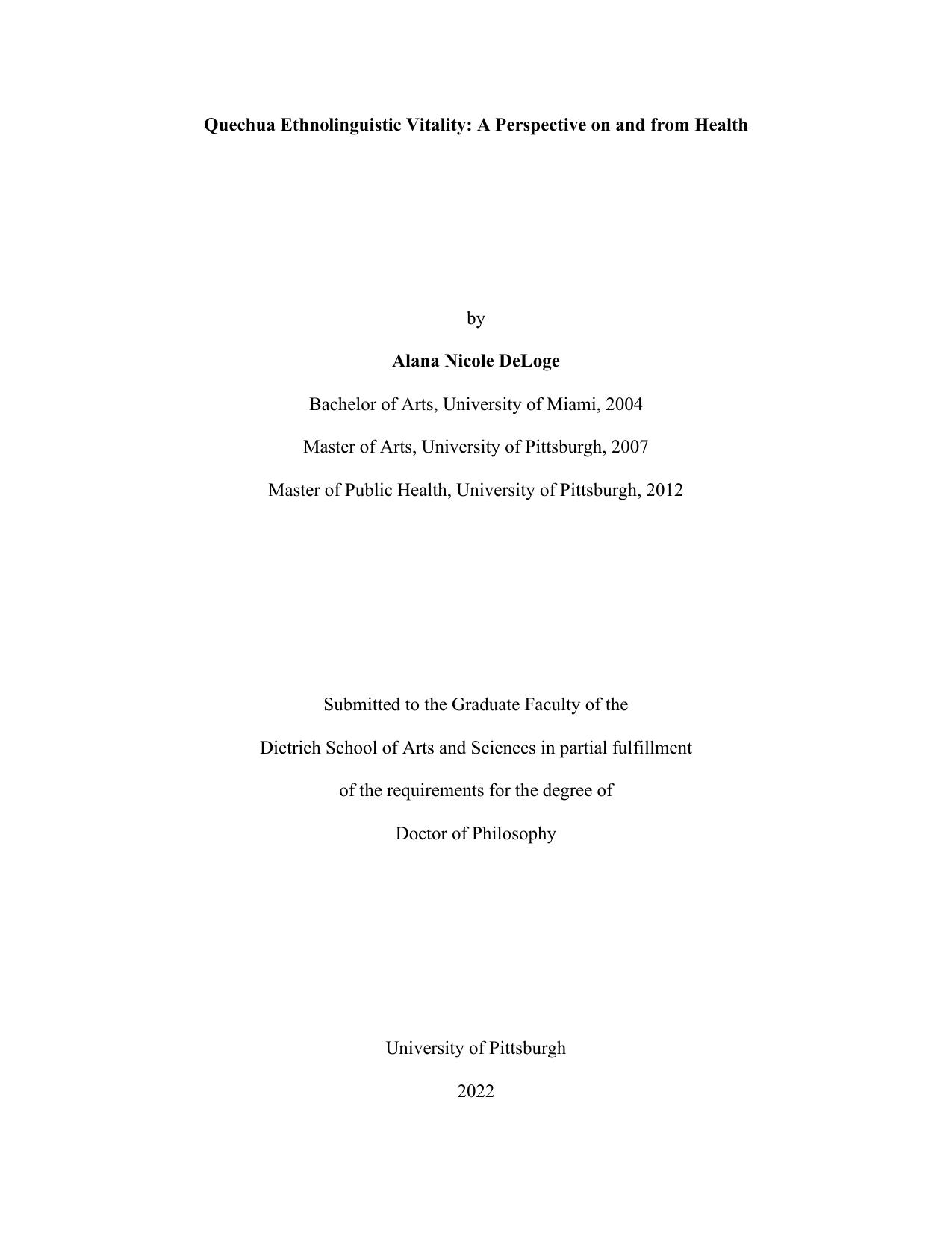 Quechua Ethnolinguistic Vitality: A Perspective on and from Health by Alana Nicole DeLoge