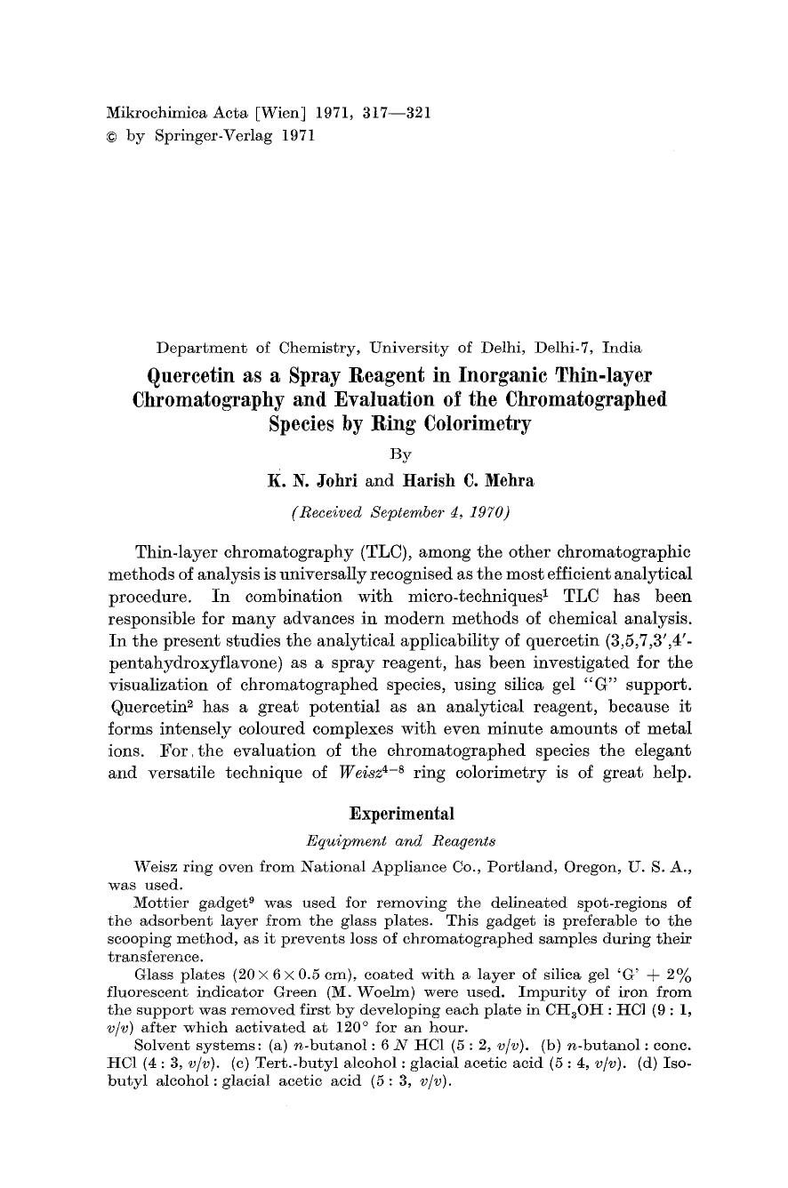 Quercetin as a spray reagent in inorganic thin-layer chromatography and evaluation of the chromatographed species by ring colorimetry by Unknown