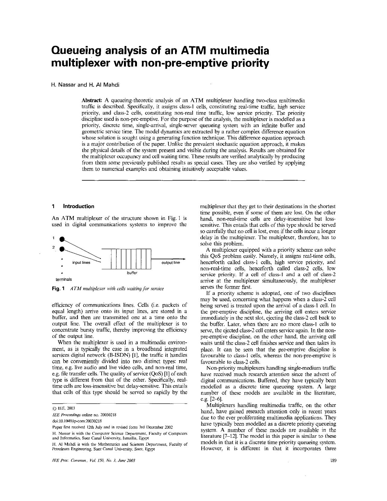 Queueing analysis of an ATM multimedia multiplexer with non-pre-emptive priority - Communications, IEE Proceedings- by Unknown