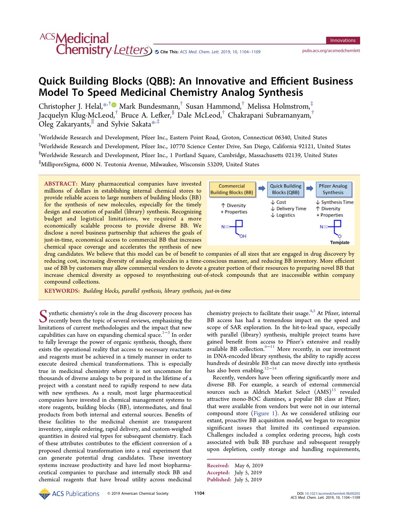 Quick Building Blocks (QBB): An Innovative and Efficient Business Model To Speed Medicinal Chemistry Analog Synthesis by unknow