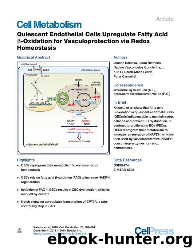 Quiescent Endothelial Cells Upregulate Fatty Acid &beta;-Oxidation for Vasculoprotection via Redox Homeostasis by unknow