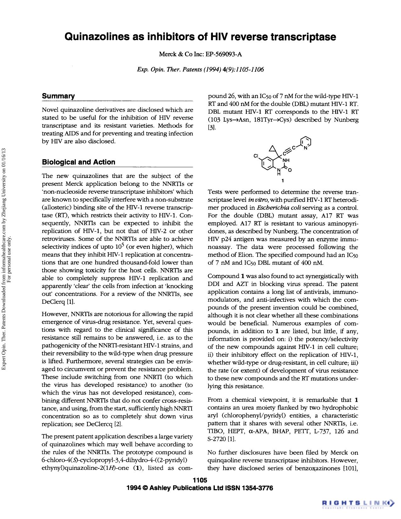 Quinazolines as inhibitors of HIV reverse transcriptase by Unknown