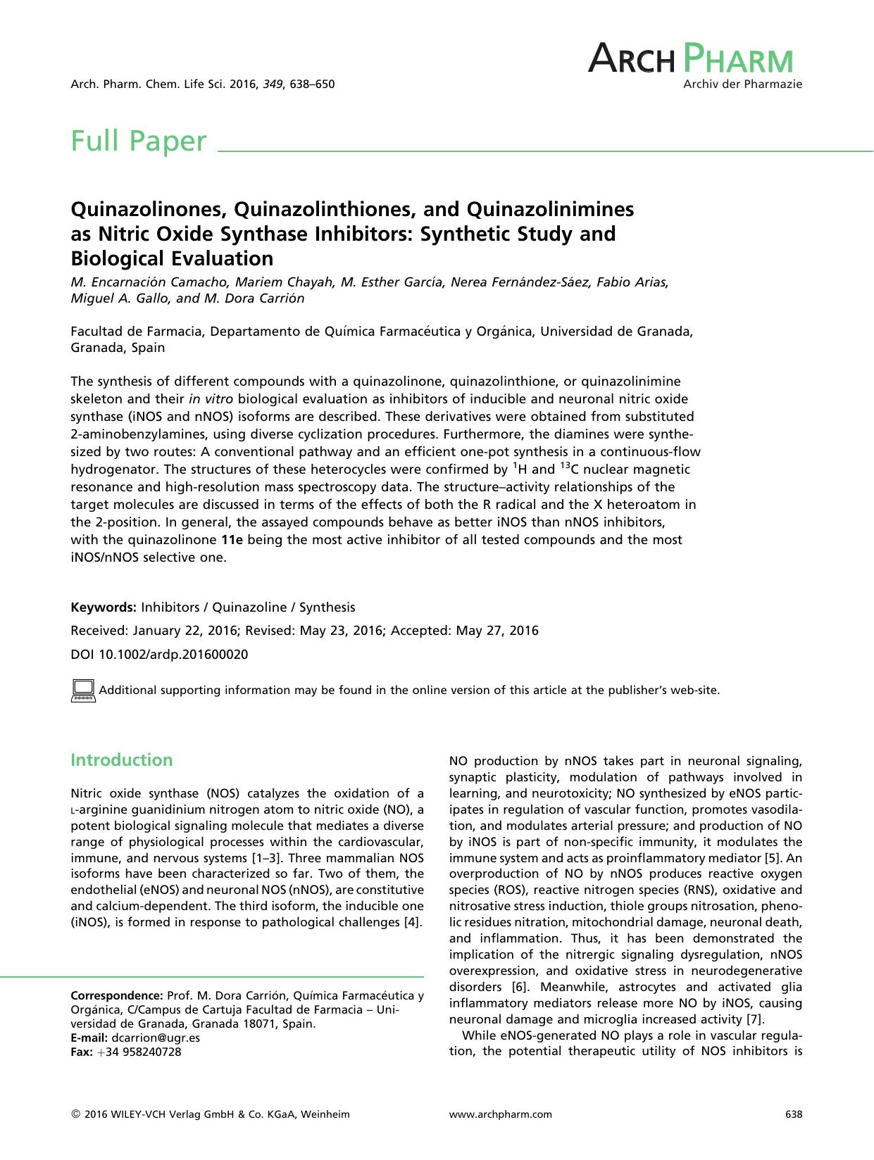 Quinazolinones, Quinazolinthiones, and Quinazolinimines as Nitric Oxide Synthase Inhibitors: Synthetic Study and Biological Evaluation by Unknown