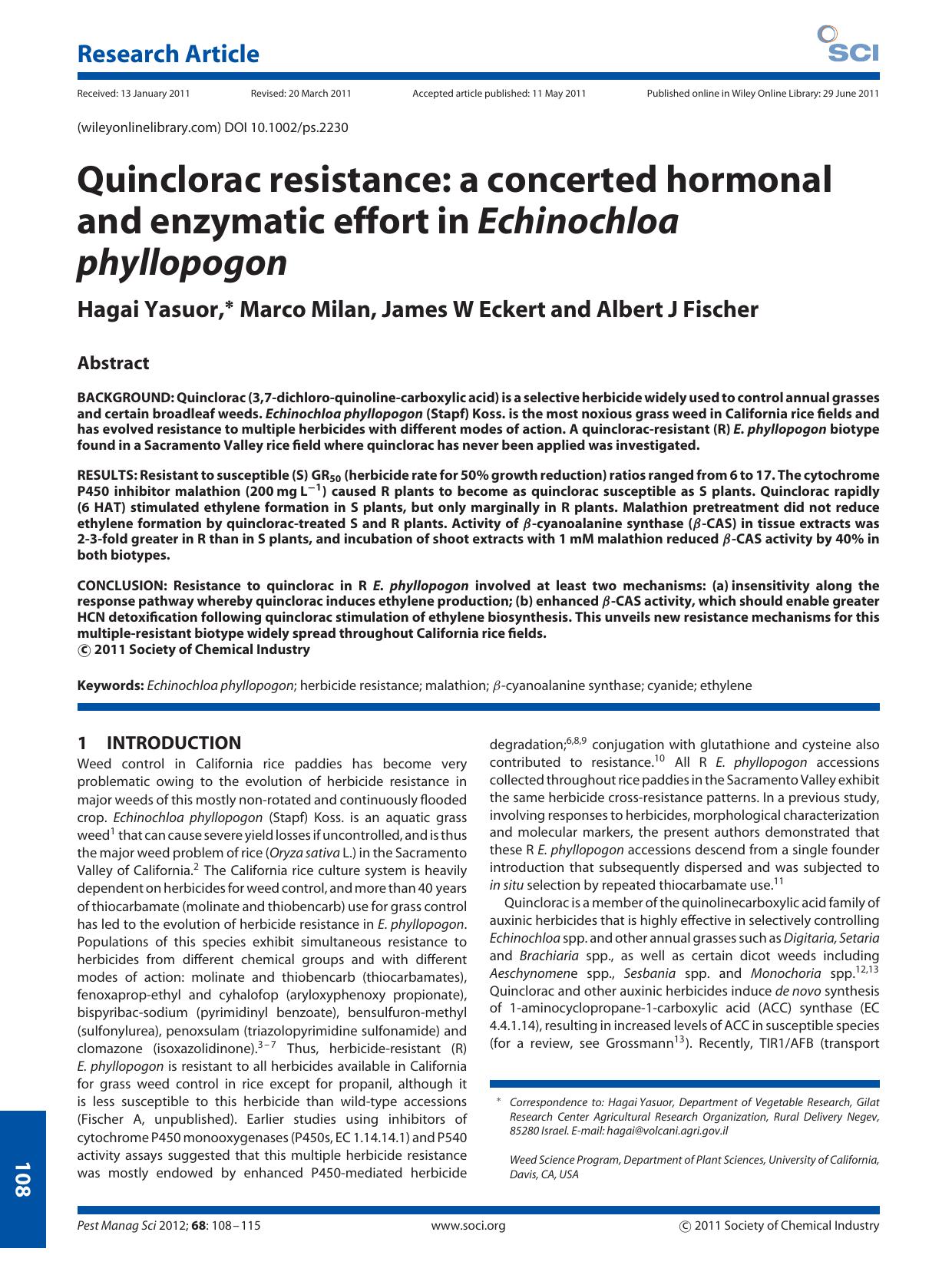 Quinclorac resistance: a concerted hormonal and enzymatic effort in Echinochloa phyllopogon by Unknown