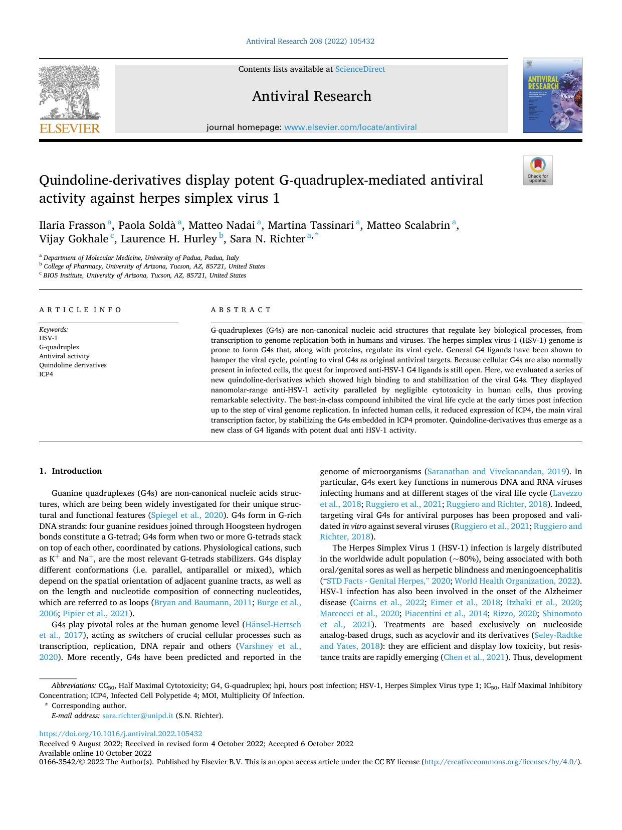 Quindoline-derivatives display potent G-quadruplex-mediated antiviral activity against herpes simplex virus 1 by unknow