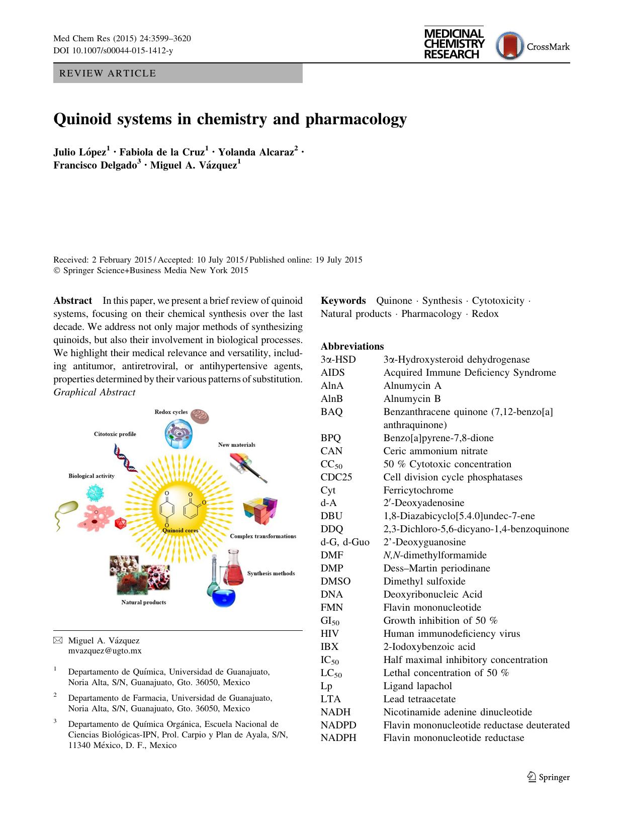 Quinoid systems in chemistry and pharmacology by Julio López & Fabiola Cruz & Yolanda Alcaraz & Francisco Delgado & Miguel A. Vázquez