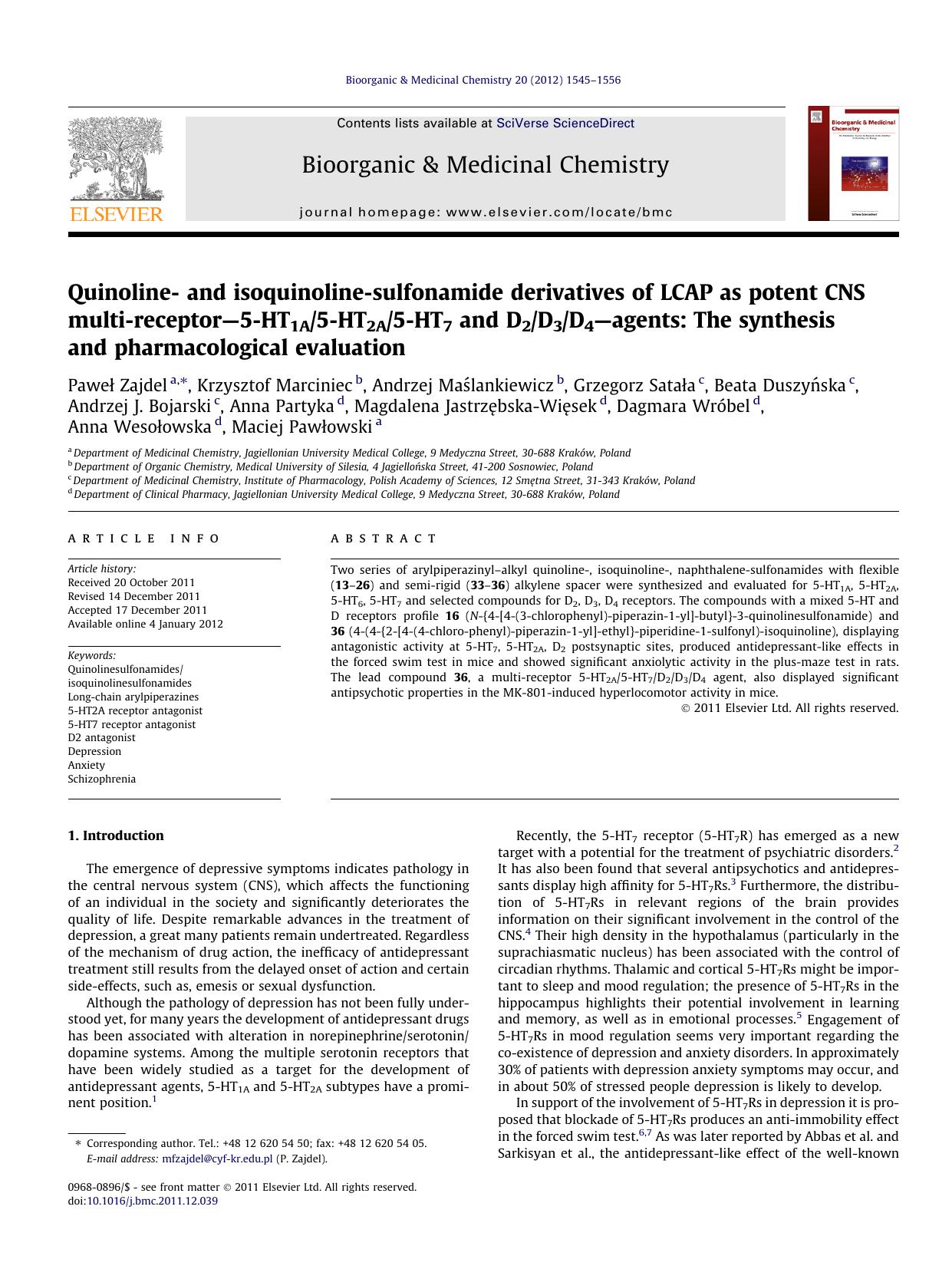 Quinoline- and isoquinoline-sulfonamide derivatives of LCAP as potent CNS multi-receptorÃ¢â¬â5-HT1A5-HT2A5-HT7 and D2D3D4Ã¢â¬âagents: The synthesis and pharmacological evaluation by unknow