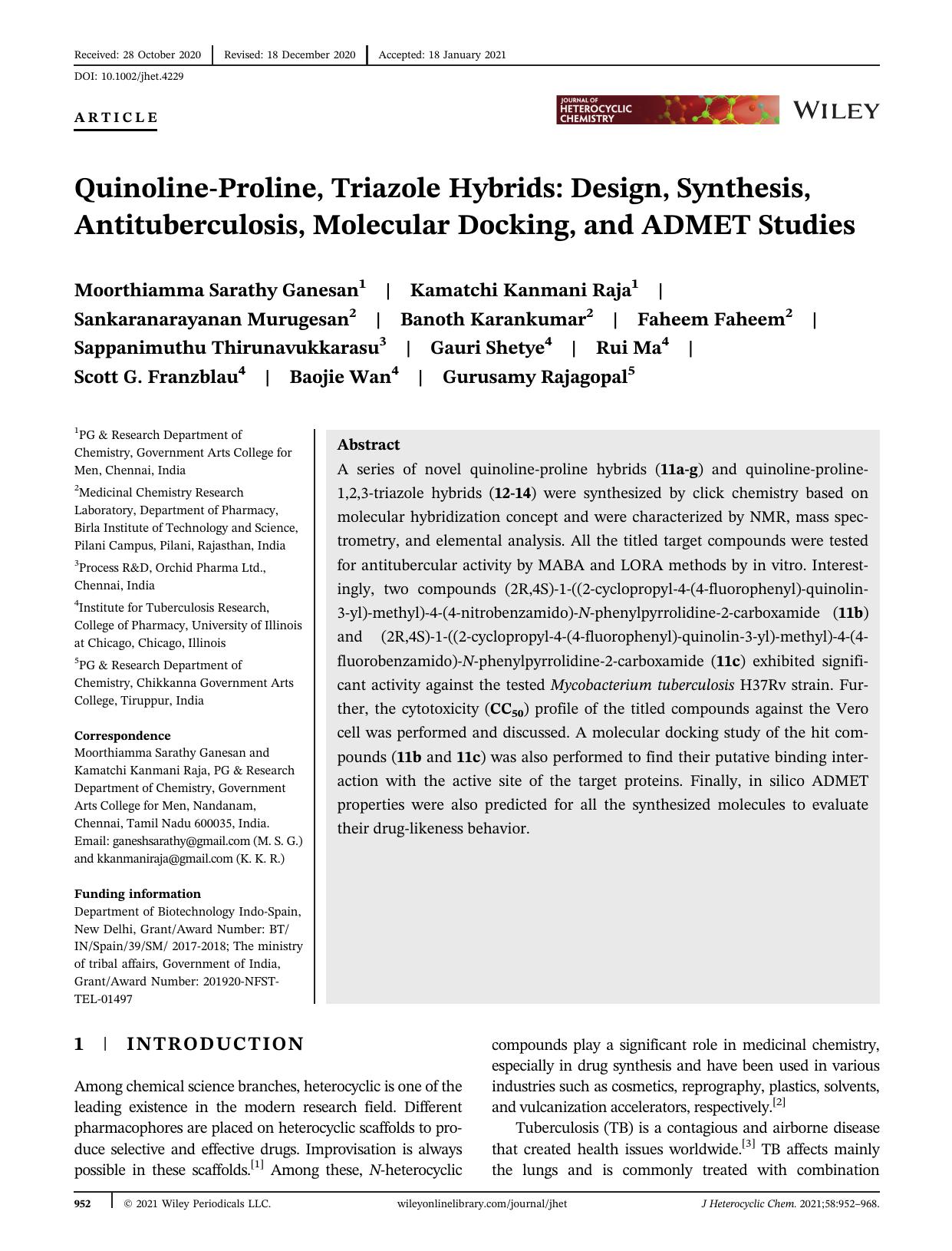 Quinoline-proline, triazole hybrids: Design, Synthesis, anti-tuberculosis, molecular docking and ADMET studies by Unknown