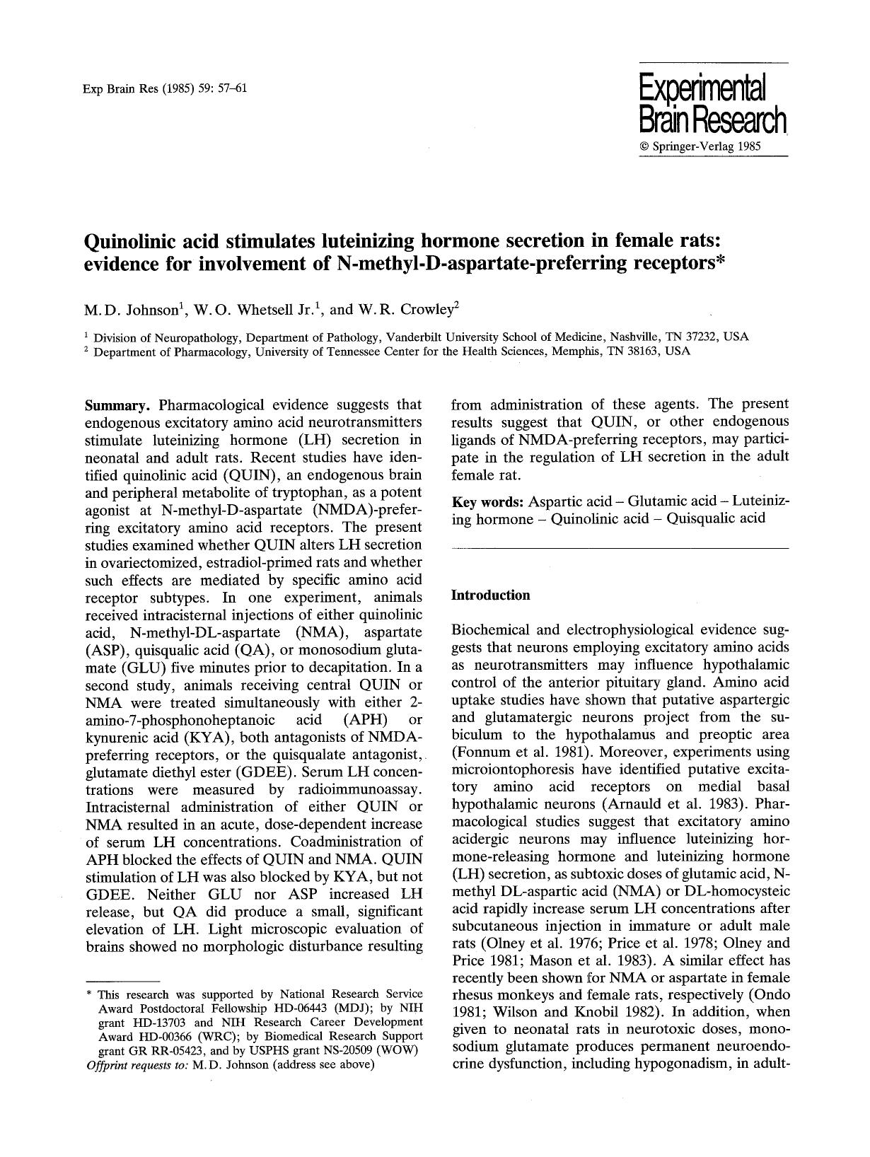 Quinolinic acid stimulates luteinizing hormone secretion in female rats: evidence for involvement of N-methyl-D-aspartate-preferring receptors by Unknown