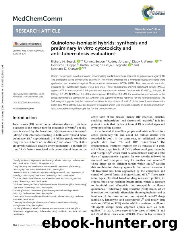 Quinolone-isoniazid hybrids: synthesis and preliminary in vitro cytotoxicity and anti-tuberculosis evaluation by unknow