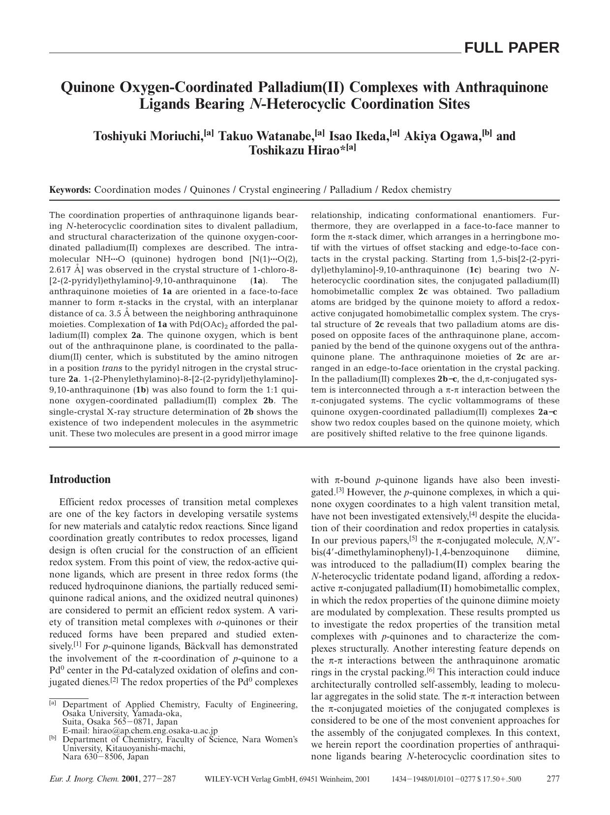 Quinone Oxygen-Coordinated Palladium(II) Complexes with Anthraquinone Ligands Bearing N-Heterocyclic Coordination Sites by Unknown