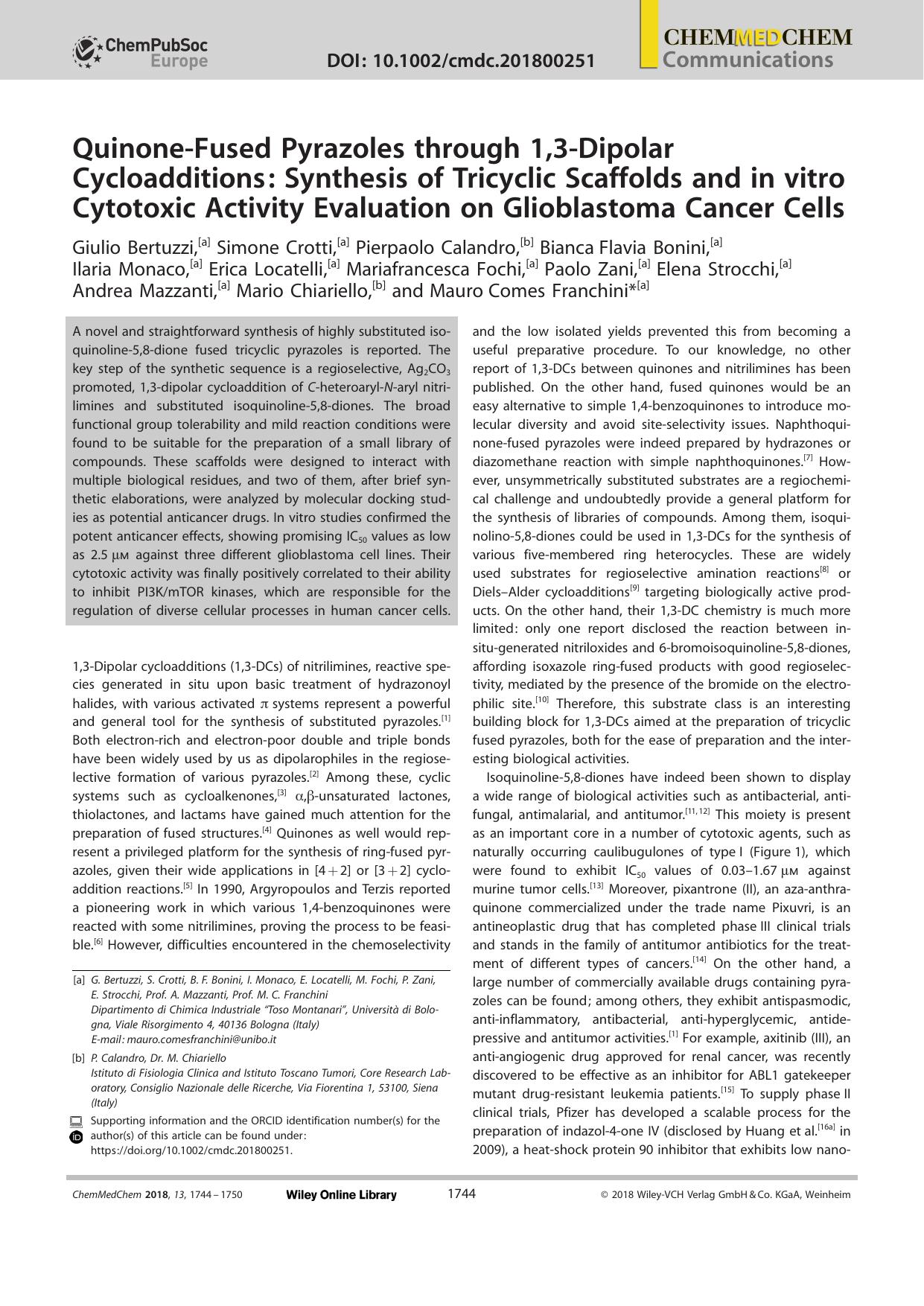 QuinoneâFused Pyrazoles through 1,3âDipolar Cycloadditions: Synthesis of Tricyclic Scaffolds and in vitro Cytotoxic Activity Evaluation on Glioblastoma Cancer Cells by Unknown