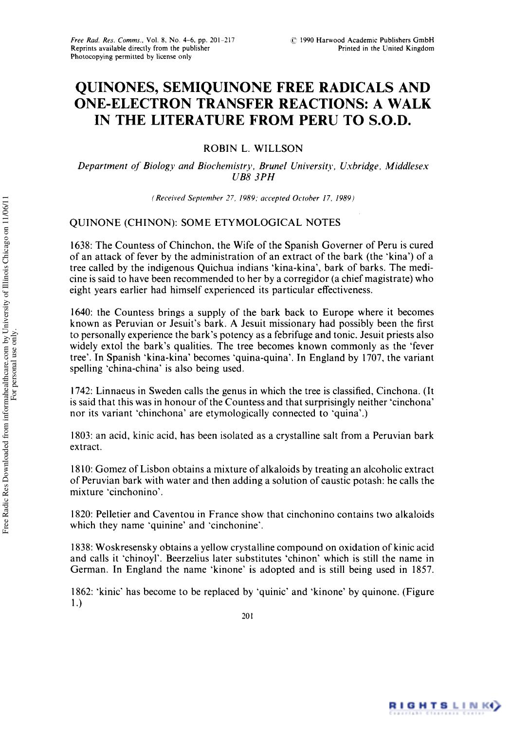 Quinones, semiquinone free radicals and one-electron transfer reactions: A walk in the literature from peru to S.O.D by Ribin L. Willson