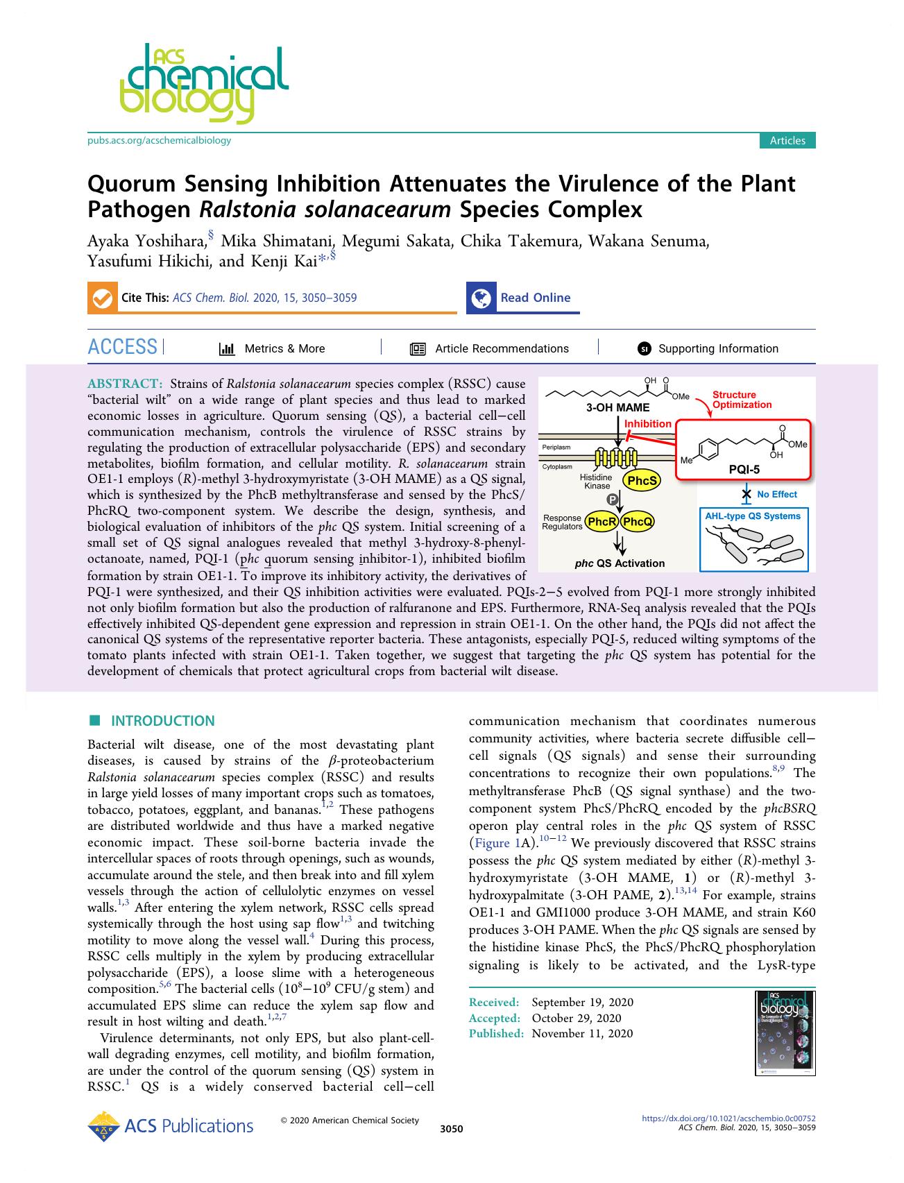 Quorum Sensing Inhibition Attenuates the Virulence of the Plant Pathogen Ralstonia solanacearum Species Complex by unknow