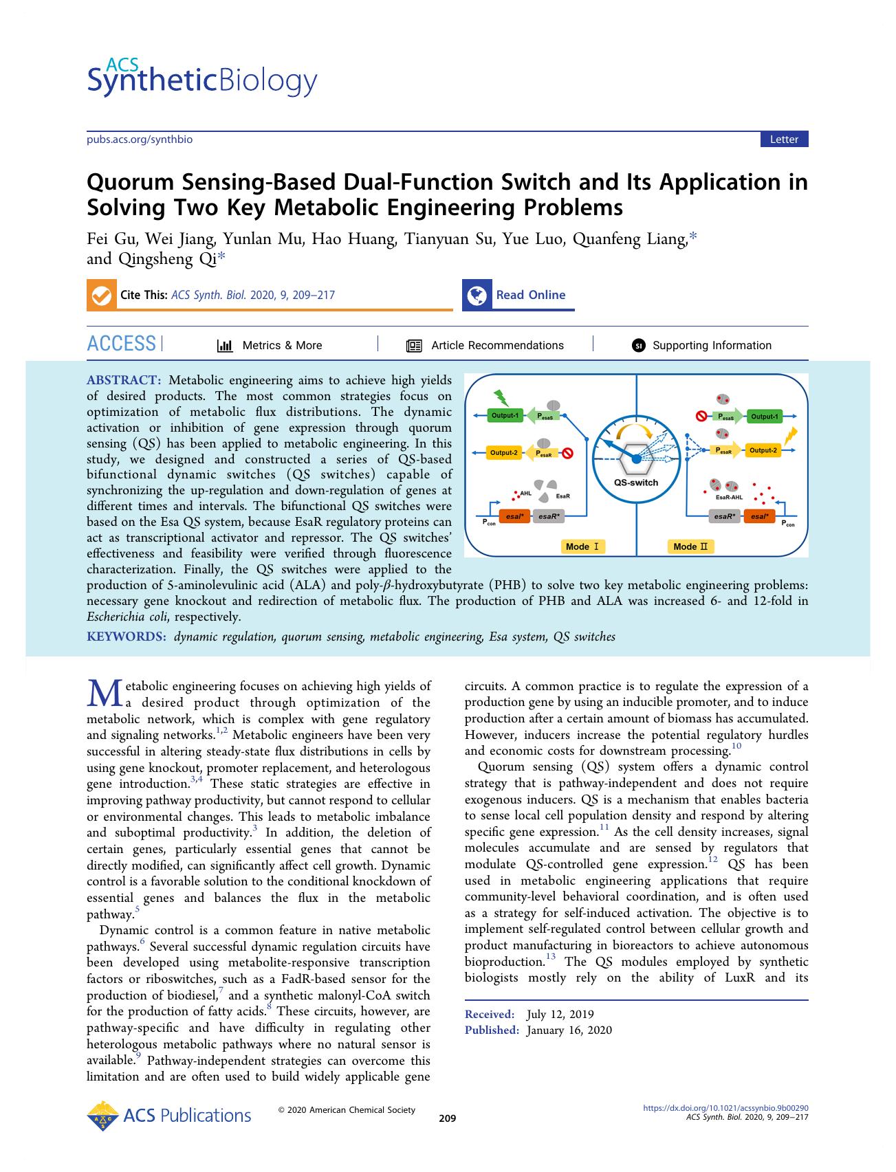 Quorum Sensing-Based Dual-Function Switch and Its Application in Solving Two Key Metabolic Engineering Problems by Fei Gu Wei Jiang Yunlan Mu Hao Huang Tianyuan Su Yue Luo Quanfeng Liang and Qingsheng Qi