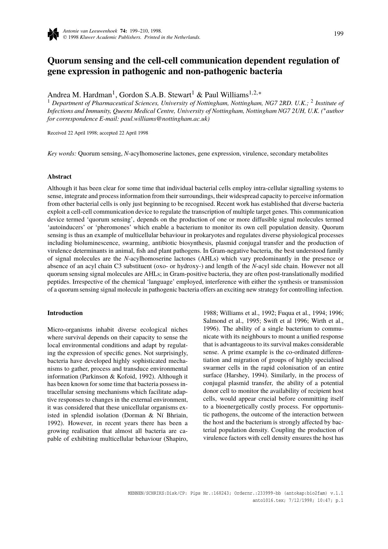 Quorum sensing and the cell-cell communication dependent regulation of gene expression in pathogenic and non-pathogenic bacteria by Unknown