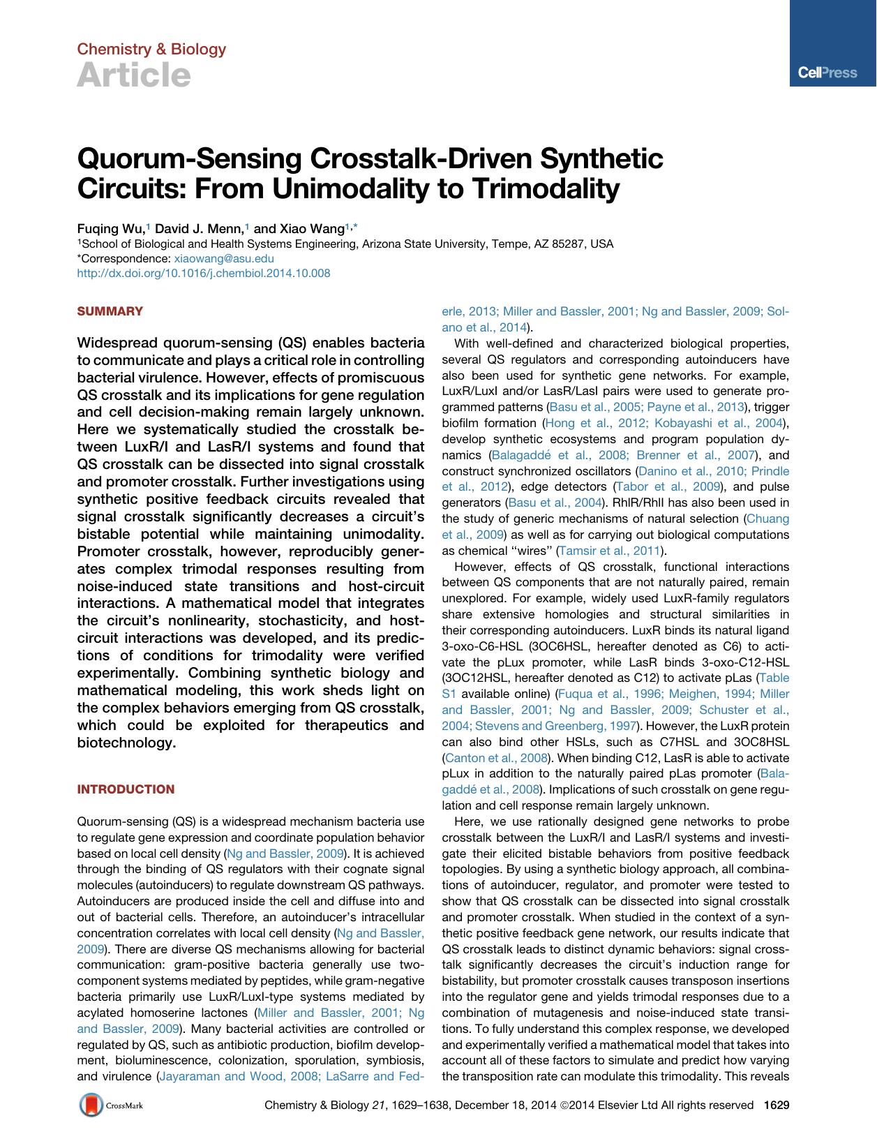 Quorum-Sensing Crosstalk-Driven Synthetic Circuits: From Unimodality to Trimodality by Fuqing Wu & David J. Menn & Xiao Wang