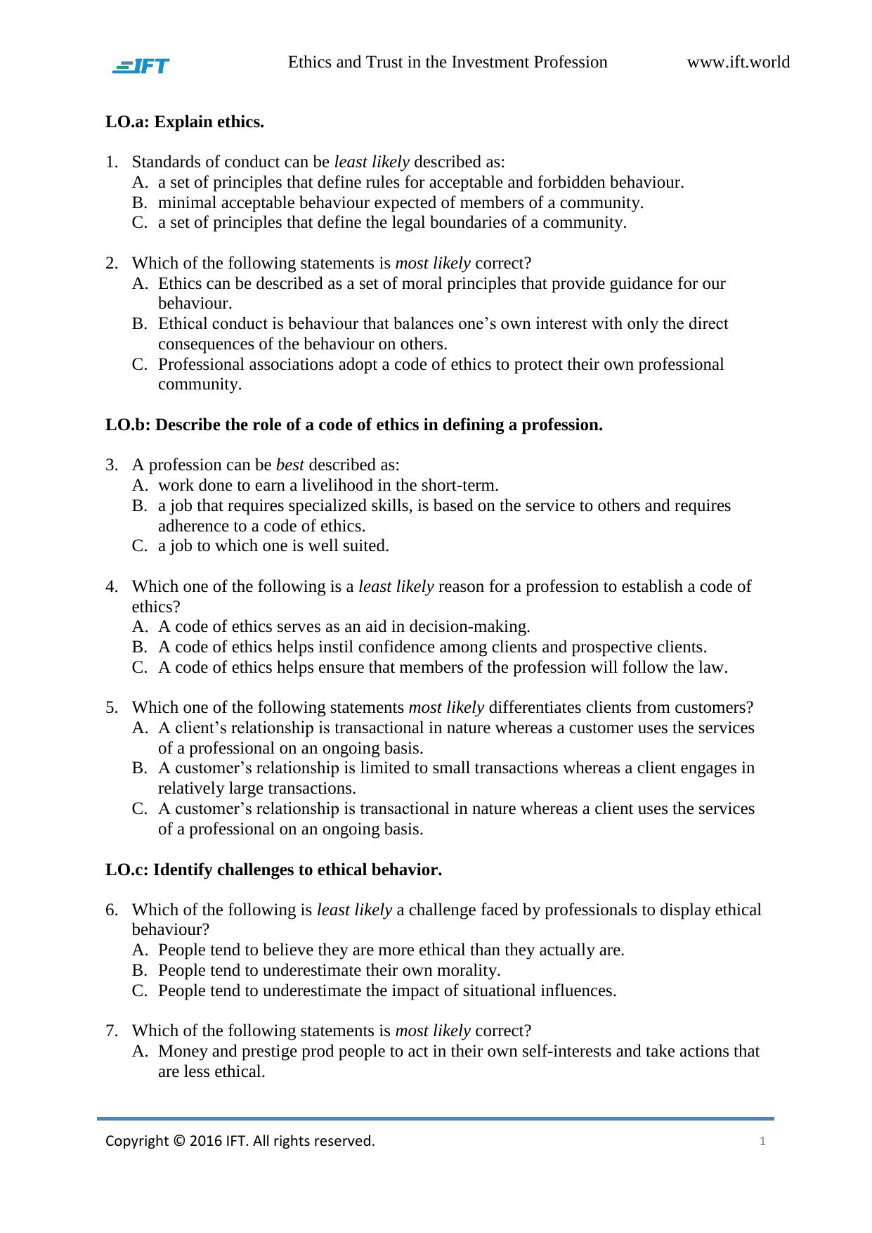 R01 Ethics and Trust in the Investment Profession Q Bank by Unknown