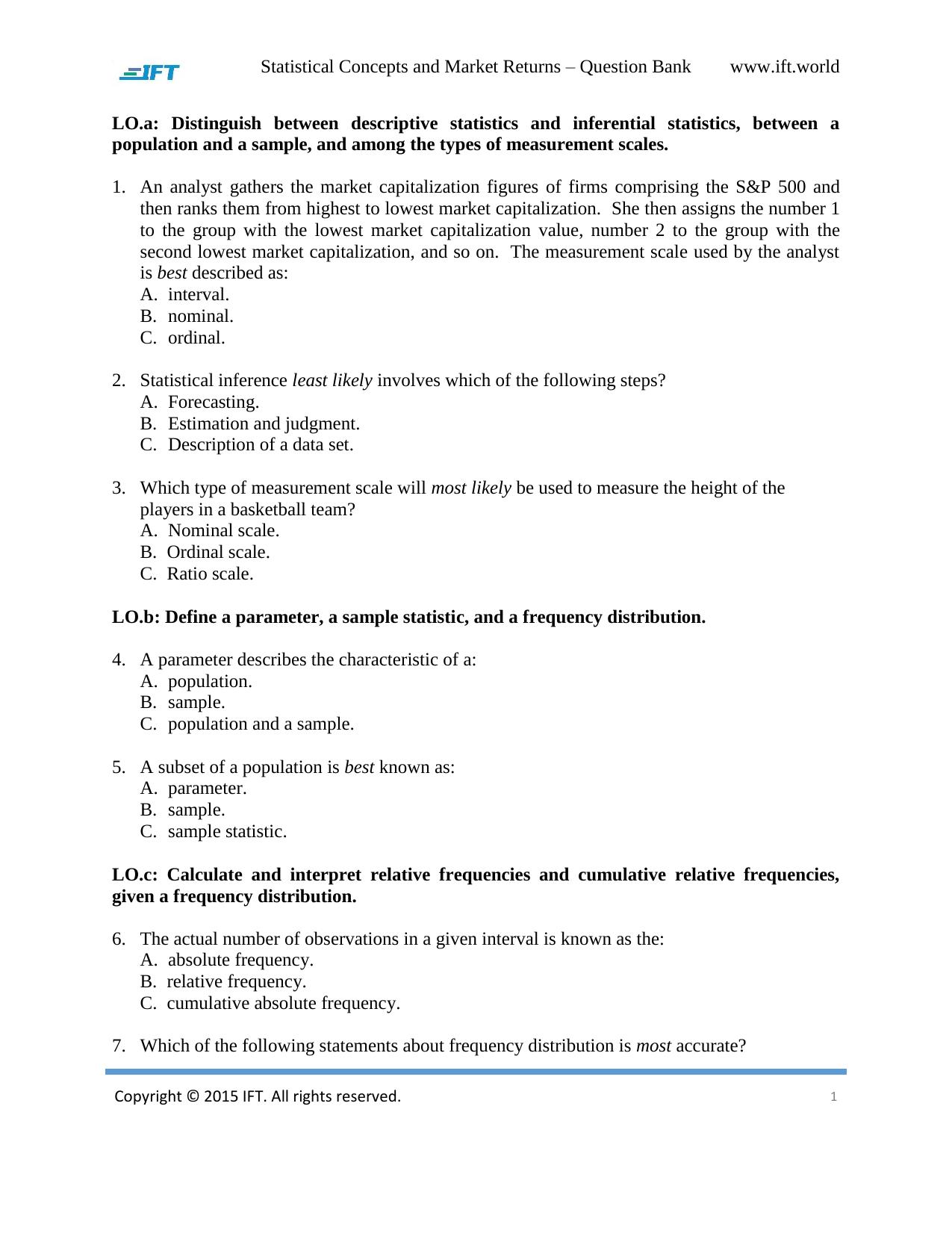R08 Statistical Concepts and Market Returns Q Bank by Unknown