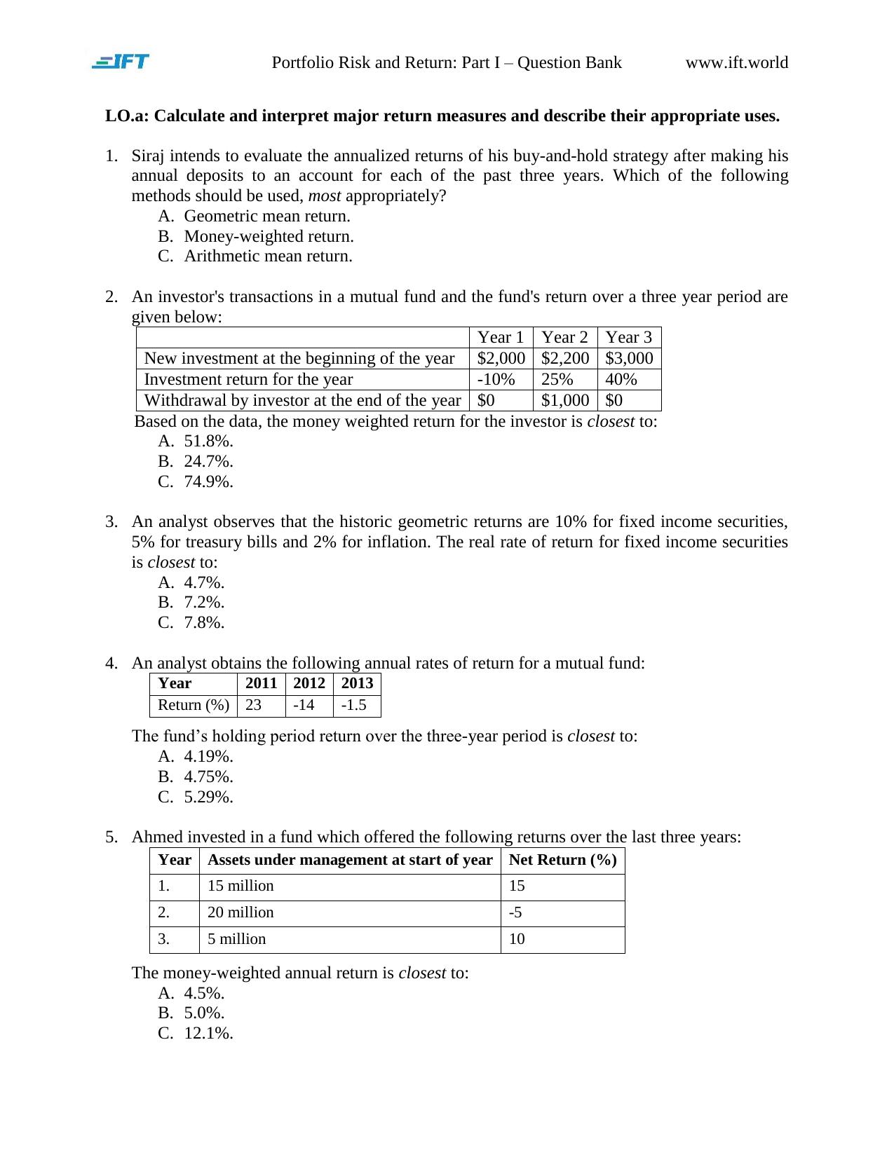 R42 Portfolio Risk and Return Part I Q Bank by Unknown