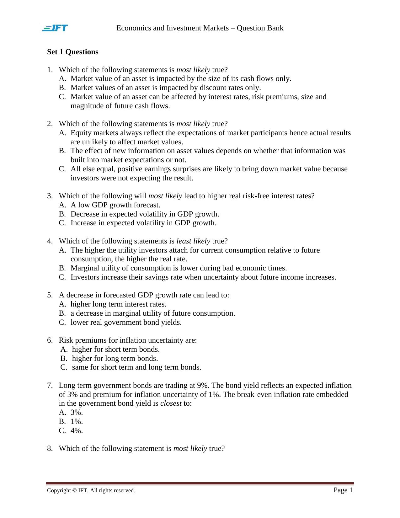 R50 Economics and Investment Markets Q Bank by Unknown