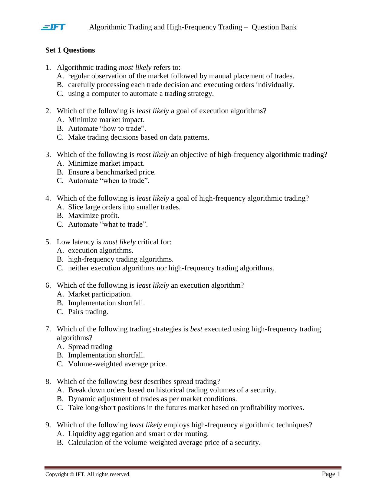 R52 Algorithmic Trading and High-Frequency Trading Q Bank by Unknown