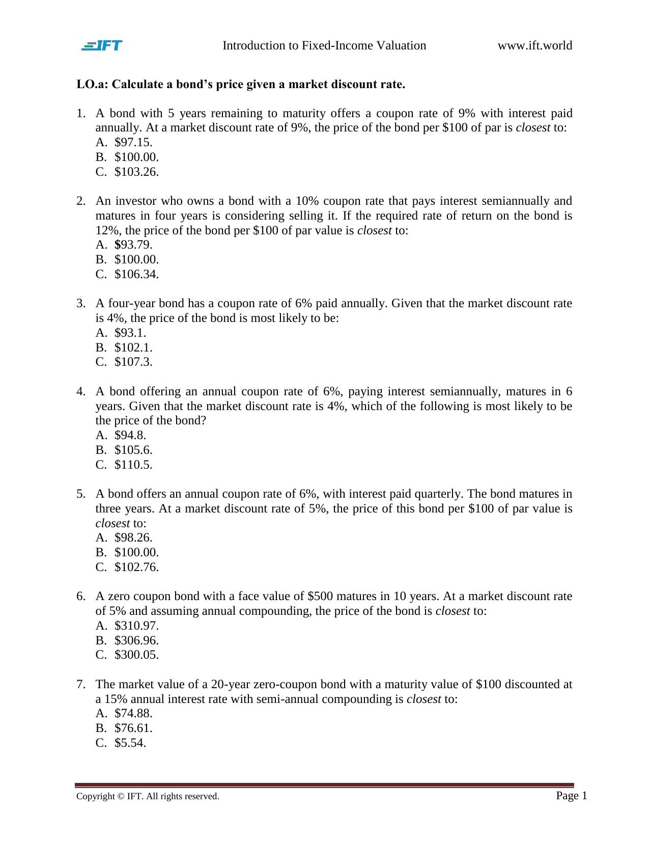 R53 Introduction to Fixed-Income Valuation by Q Bank