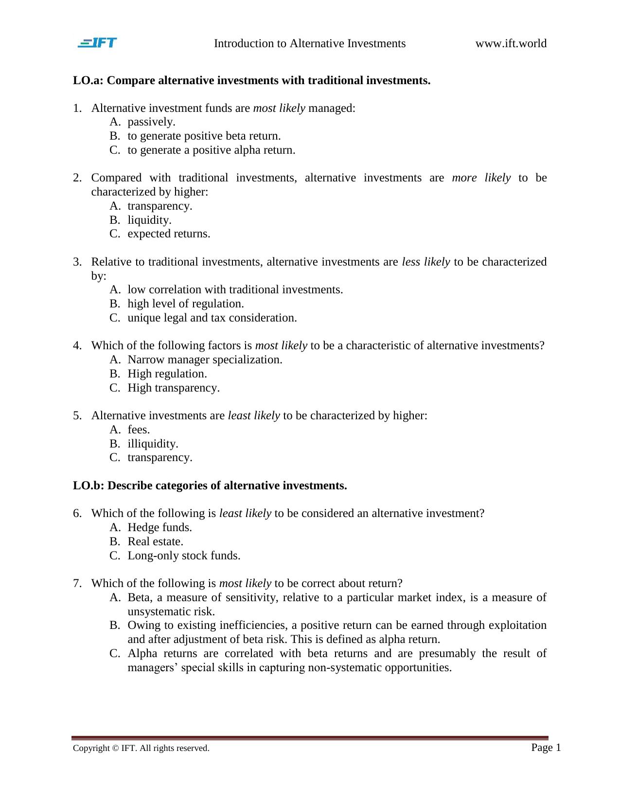 R60 Introduction to Alternative Investments Q Bank by Unknown