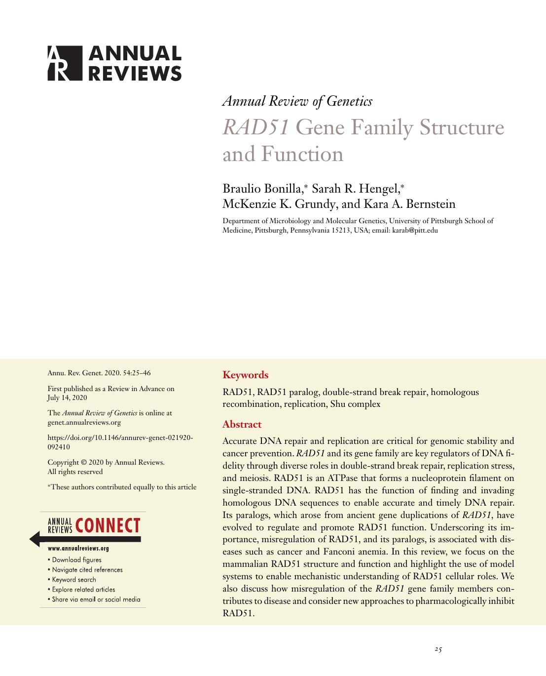 RAD51 Gene Family Structure and Function by Braulio Bonilla Sarah R. Hengel McKenzie K. Grundy and Kara A. Bernstein