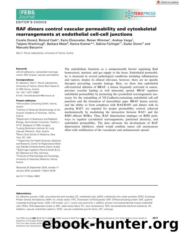 RAF dimers control vascular permeability and cytoskeletal rearrangements at endothelial cellâcell junctions by Unknown