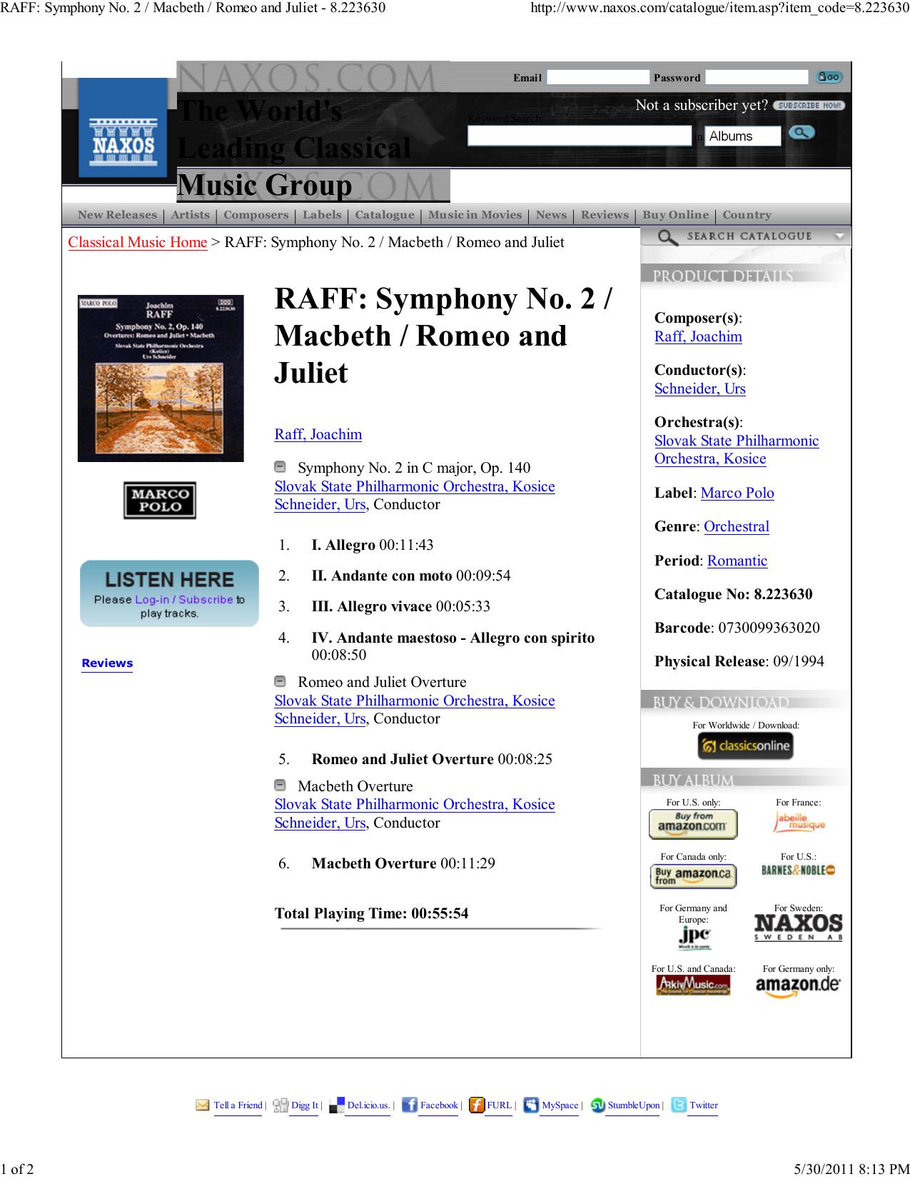 RAFF: Symphony No. 2 Macbeth Romeo and Juliet - 8.223630 by Unknown