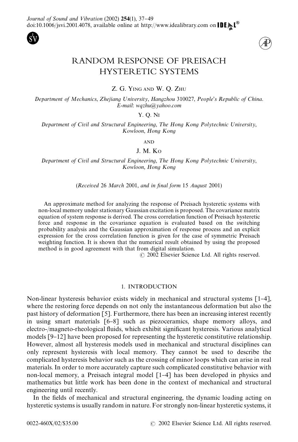 RANDOM RESPONSE OF PREISACH HYSTERETIC SYSTEMS by YING Z. G. et al