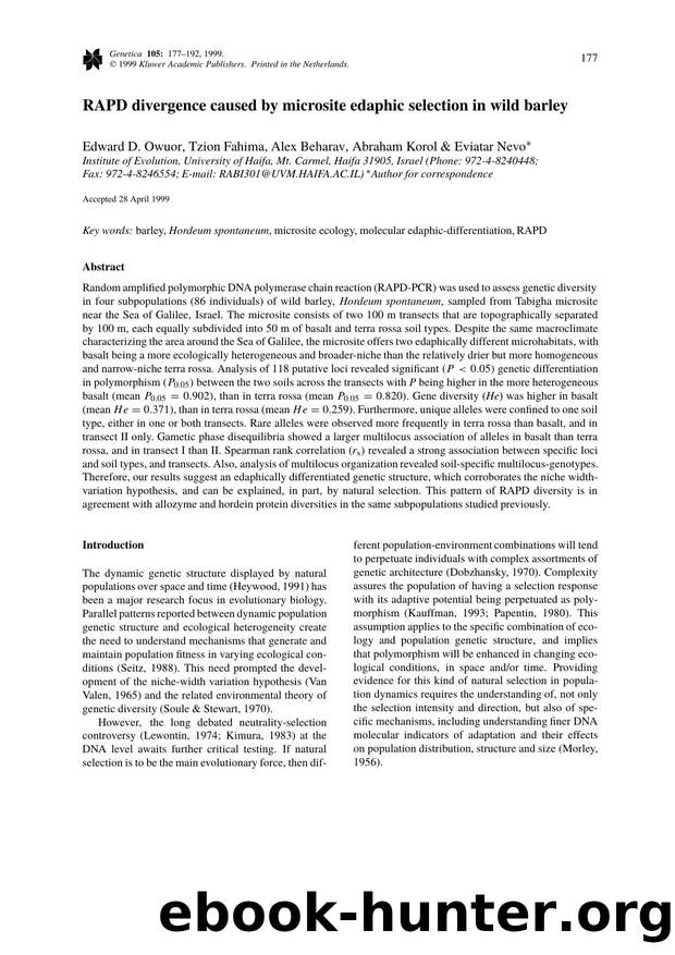 RAPD divergence caused by microsite edaphic selection in wild barley by Unknown