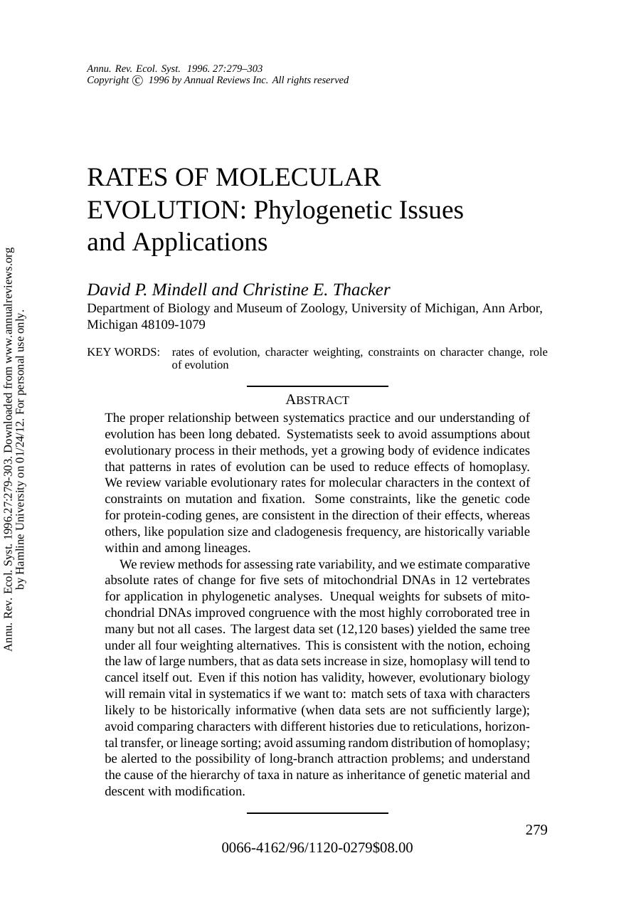 RATES OF MOLECULAR EVOLUTION: Phylogenetic Issues and Applications by David P. Mindell & Christine E. Thacker