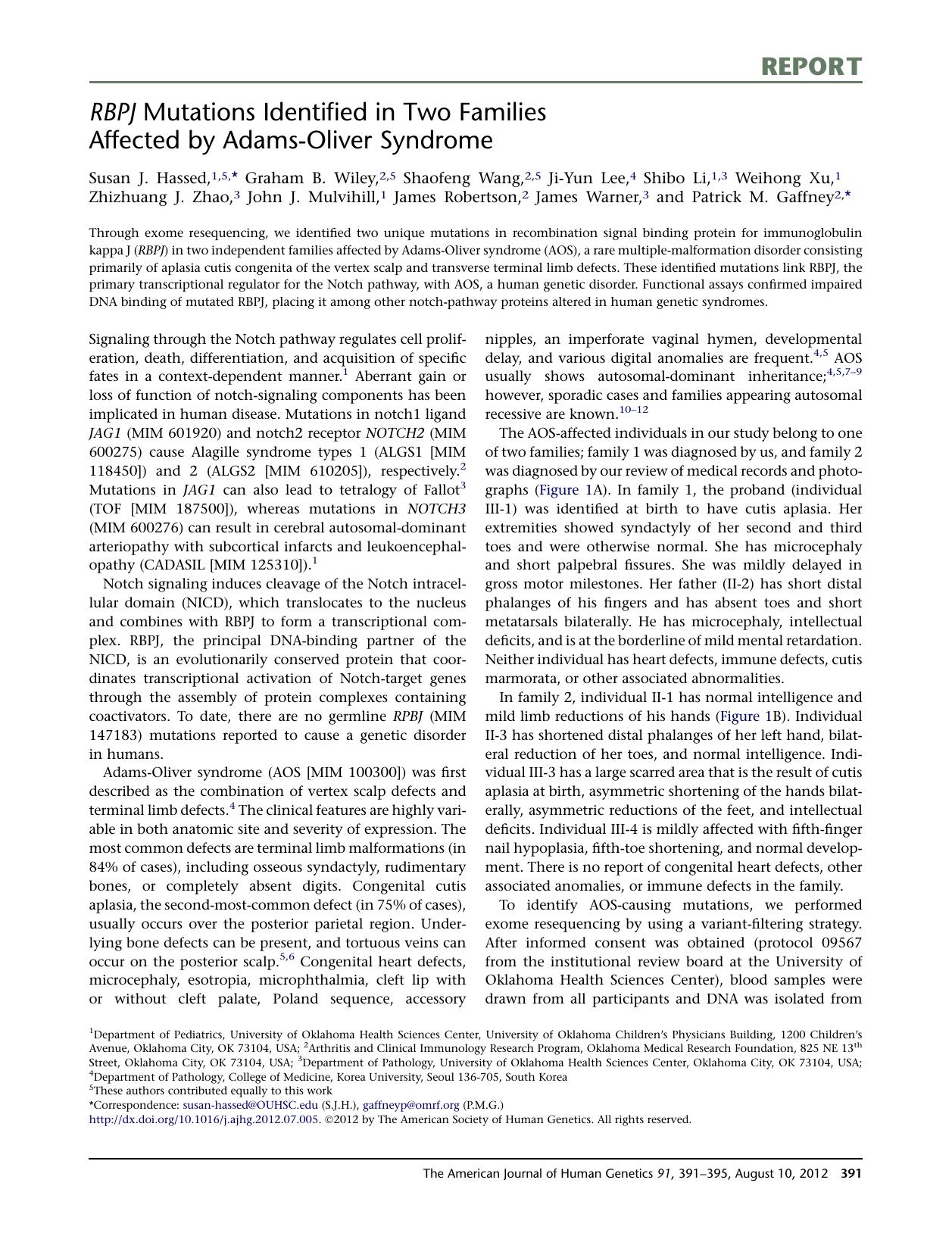 RBPJ Mutations Identified in Two Families Affected by Adams-Oliver Syndrome by unknow