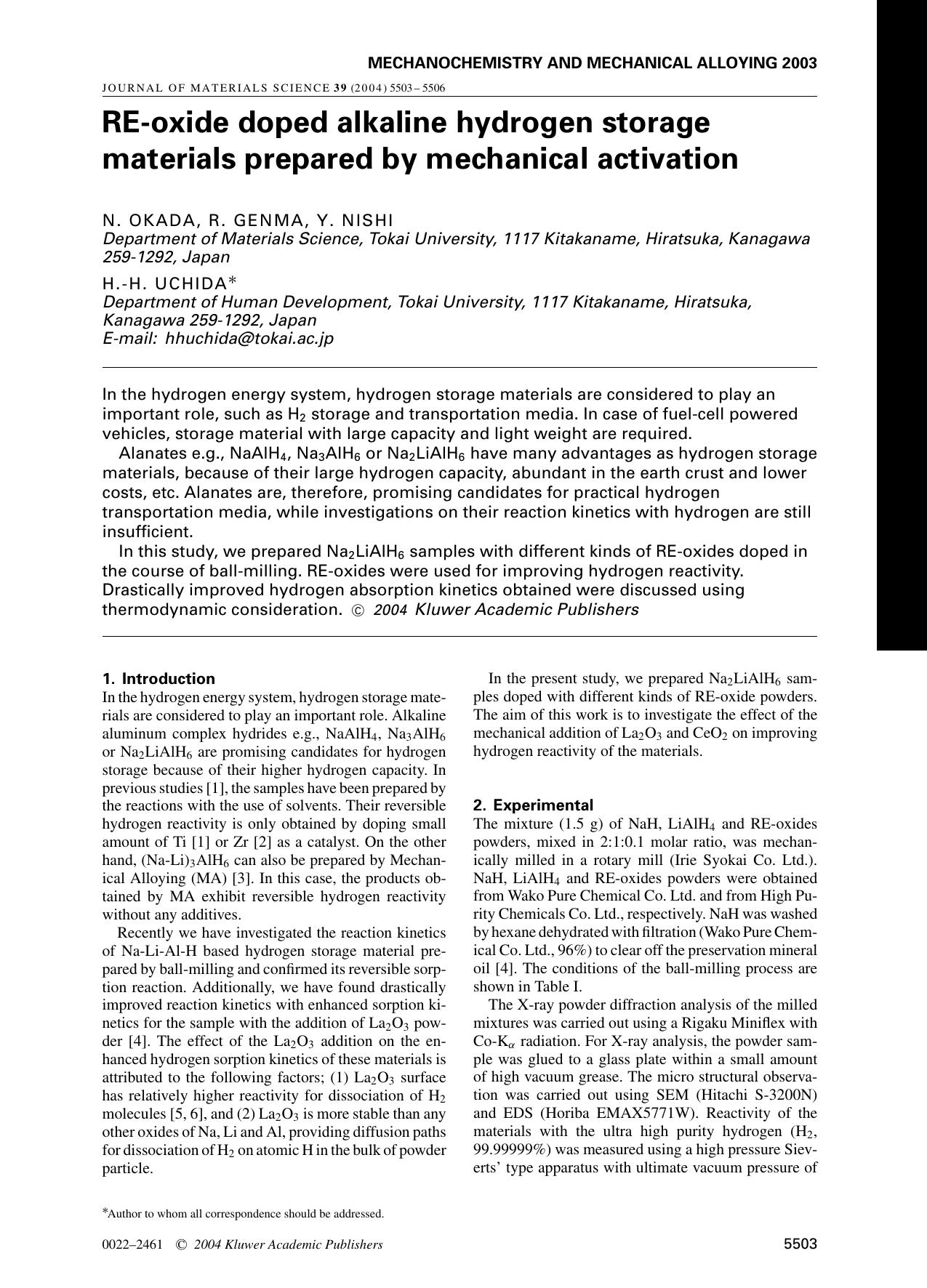 RE-oxide doped alkaline hydrogen storage materials prepared by mechanical activation by Unknown