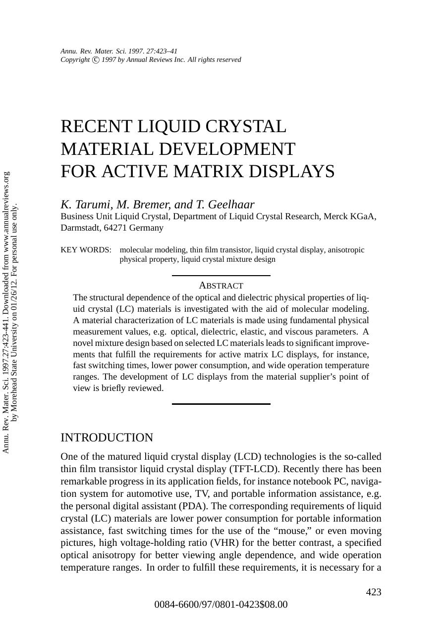 RECENT LIQUID CRYSTAL MATERIAL DEVELOPMENT FOR ACTIVE MATRIX DISPLAYS by K. Tarumi M. Bremer & T. Geelhaar