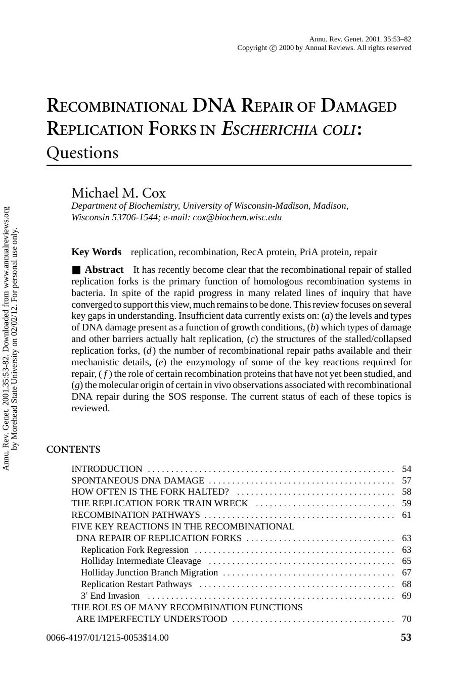 RECOMBINATIONAL DNA REPAIR OF DAMAGED REPLICATION FORKS IN ESCHERICHIA COLI: Questions by Michael M. Cox