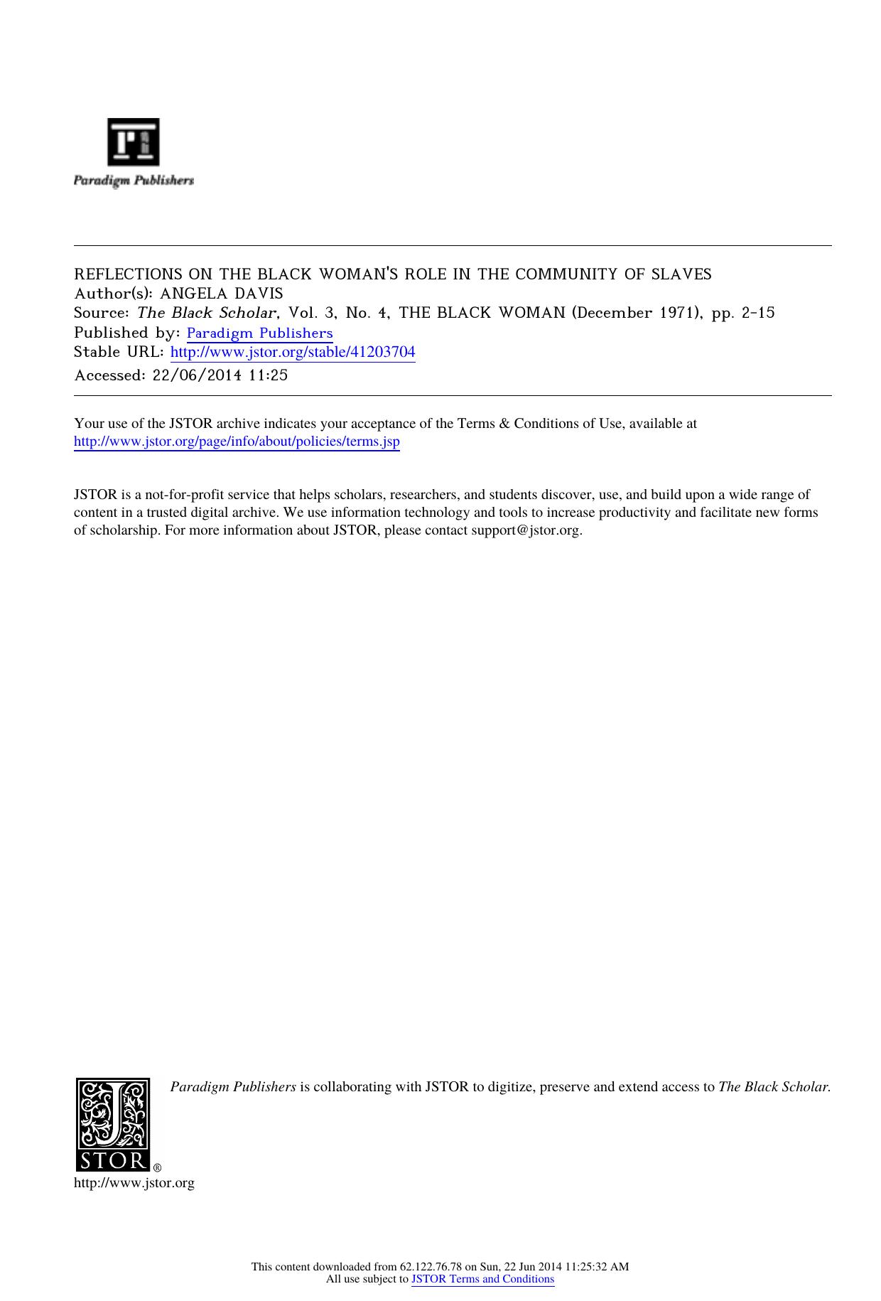 REFLECTIONS ON THE BLACK WOMAN'S ROLE IN THE COMMUNITY OF SLAVES by Reflections on Black Woman's Role in Community of Slaves (1971)